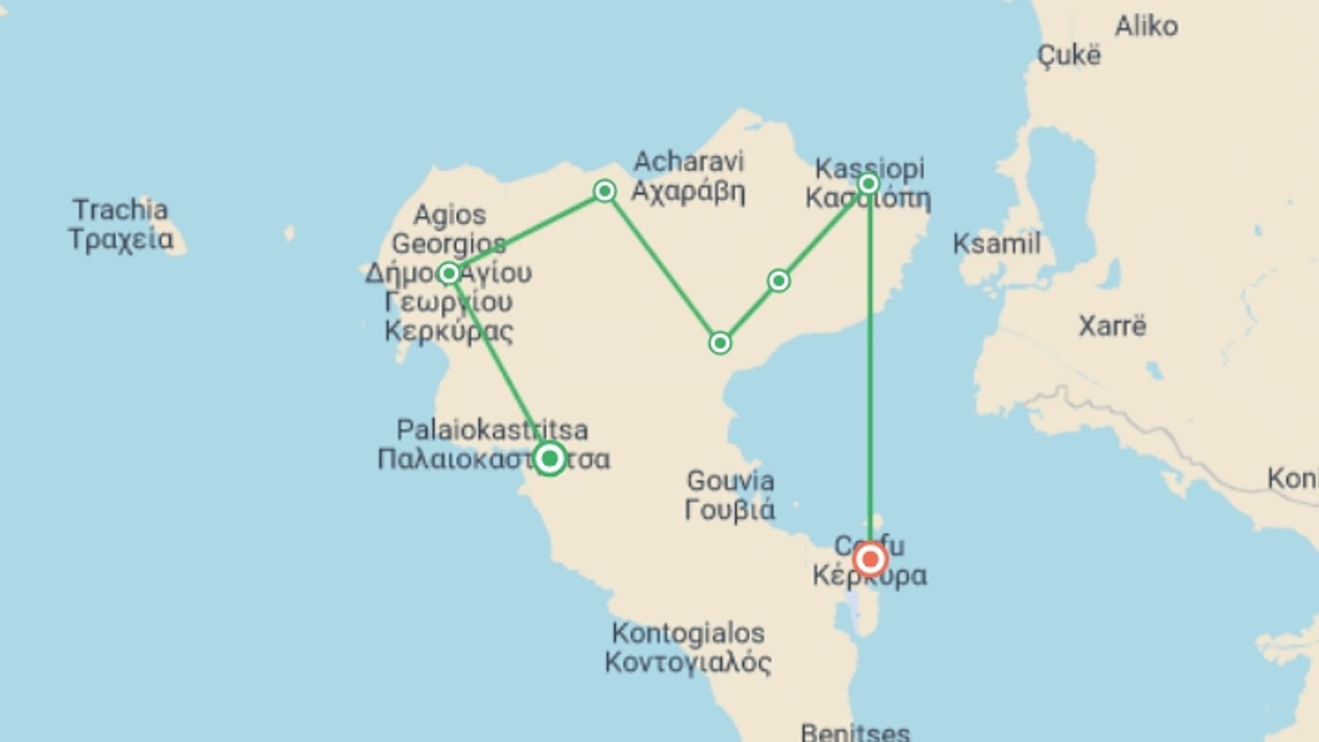 A map showing the tour itinerary for the trip: Walking the Corfu Trail (North), starting in Liapades, Greece and ending in Corfu, Greece going through 4 other destinations.