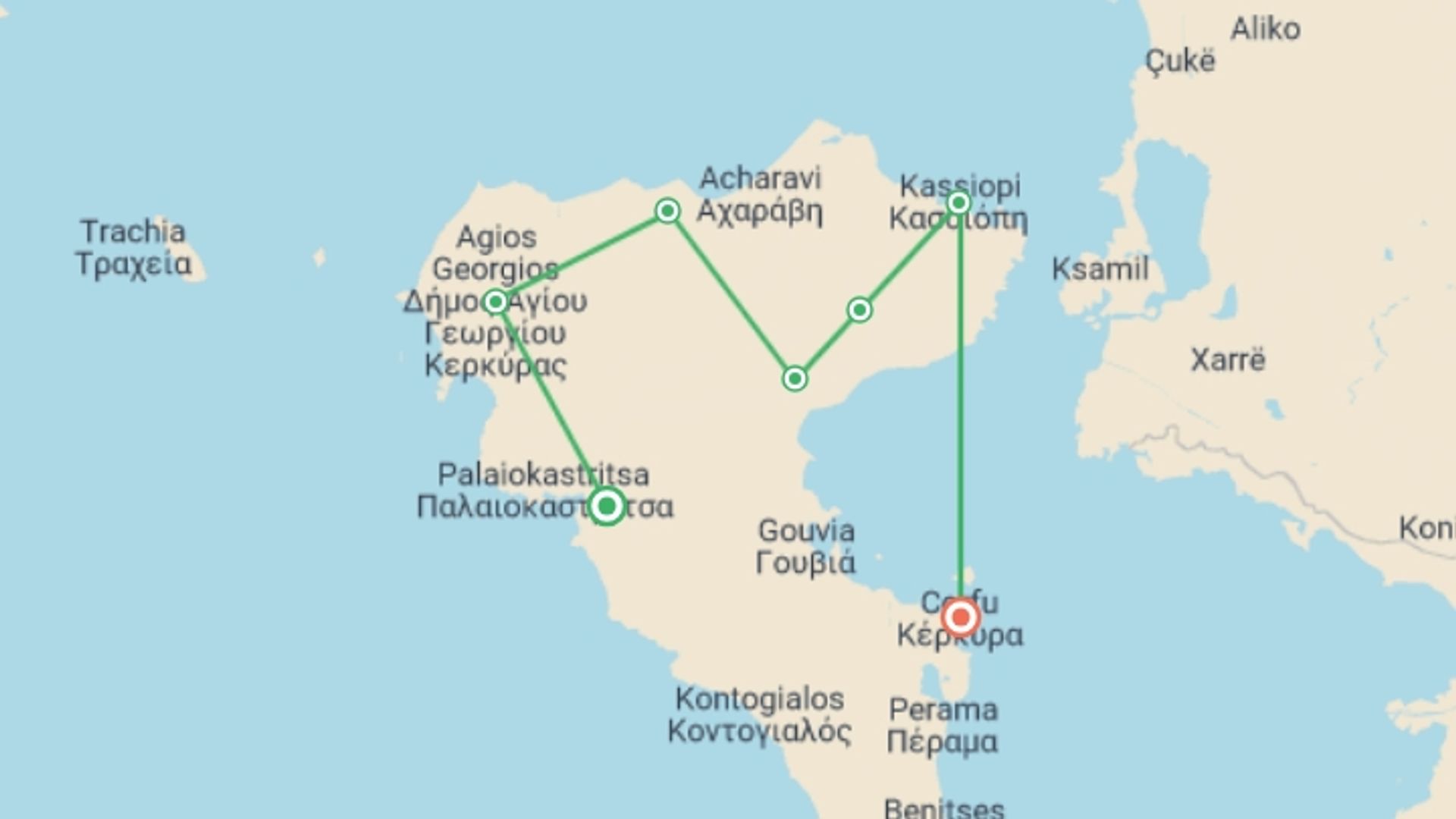 A map showing the tour itinerary for the trip: Walking the Corfu Trail (North), starting in Liapades, Greece and ending in Corfu, Greece going through 4 other destinations.