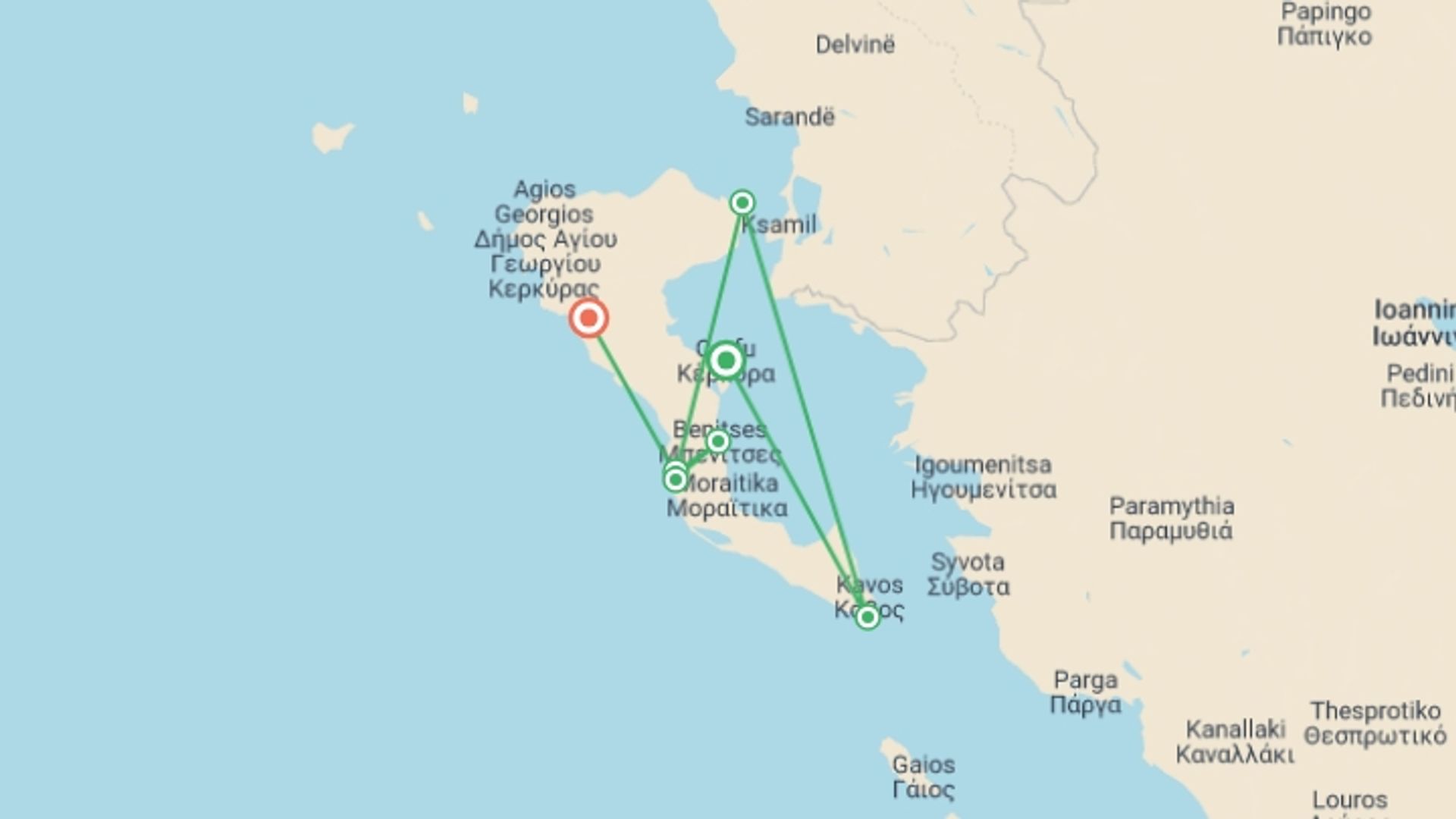 A map showing the tour itinerary for the trip: Walking the Corfu Trail (South), starting in Corfu, Greece and ending in Liapades, Greece going through 5 other destinations.