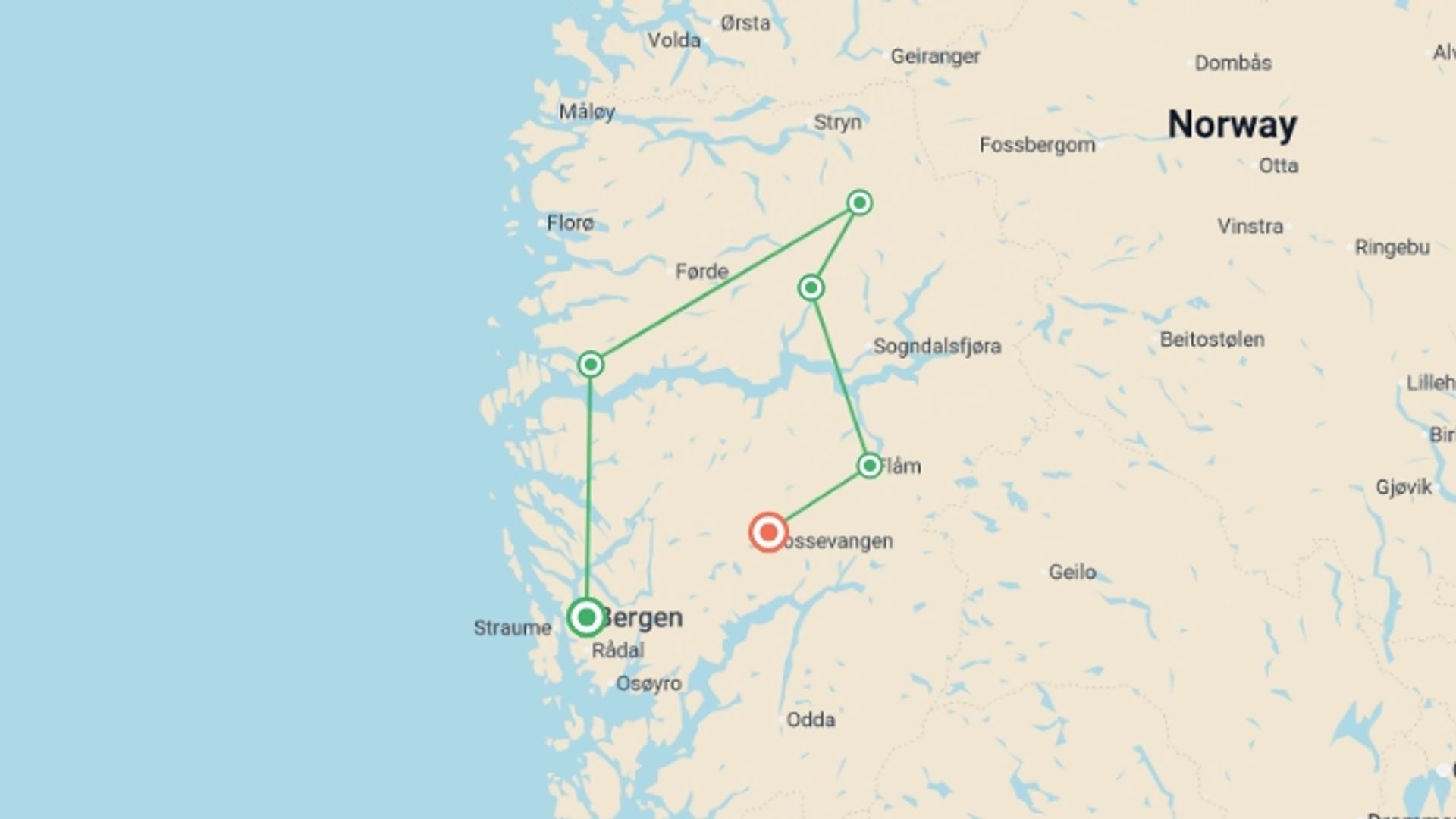 A map showing the tour itinerary for the trip: Walking the Fjords, starting in Bergen, Norway and ending in Vossevangen, Norway going through 3 other destinations.