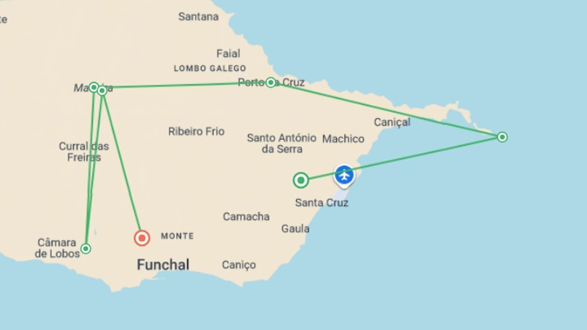 A map showing the tour itinerary for the trip: Walking the Island of Madeira, starting in Madeira, Portugal and ending in Funchal, Portugal going through 3 other destinations.