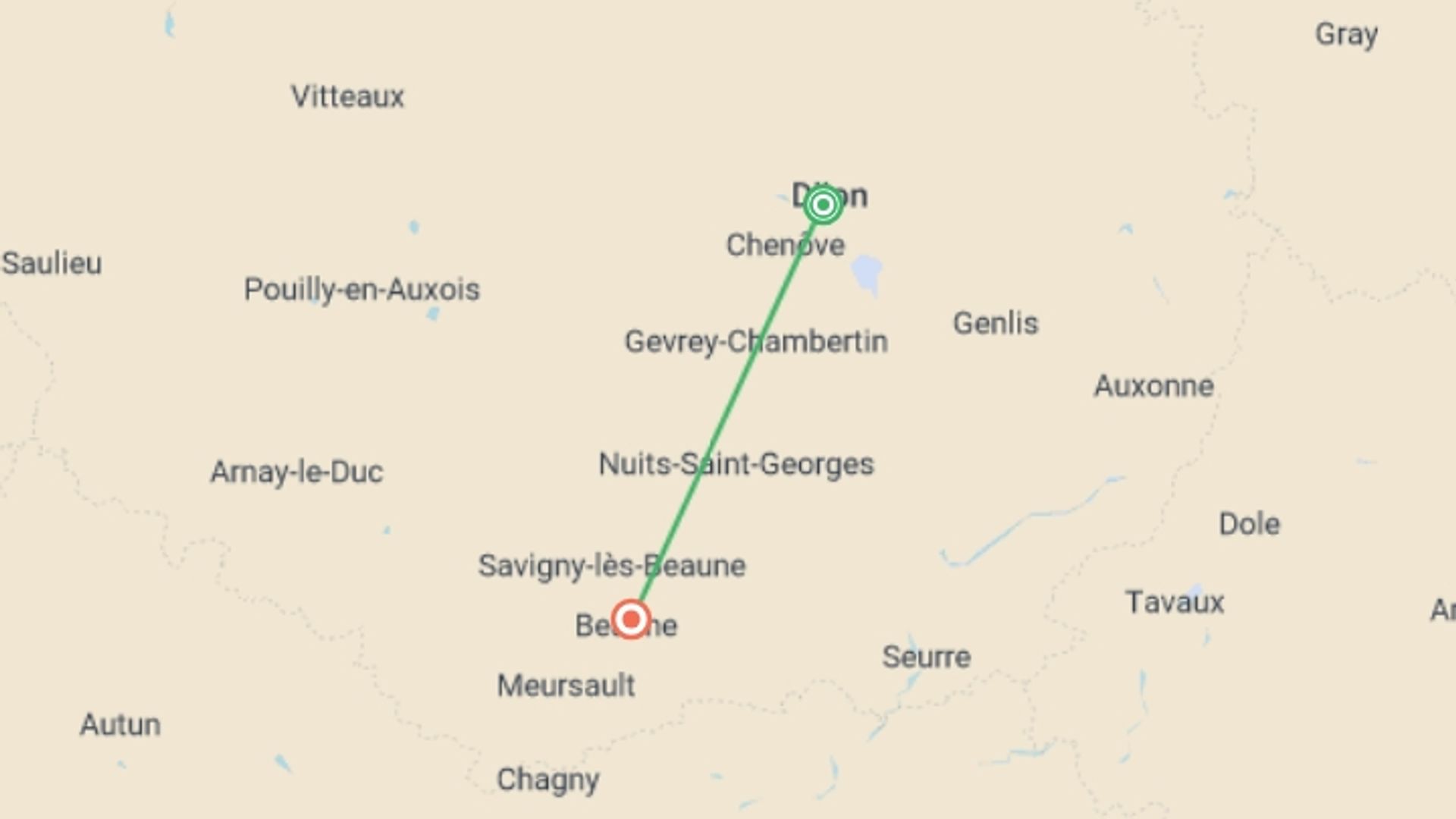 A map showing the tour itinerary for the trip: Walking the Vineyards of Burgundy, starting in Dijon, France and ending in Beaune, France going through 2 other destinations.