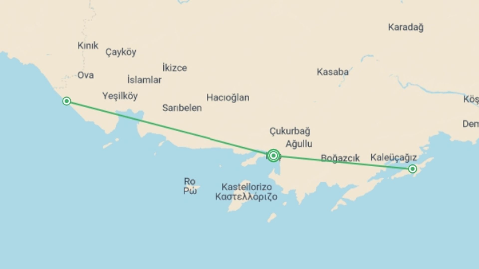 A map showing the tour itinerary for the trip: Walking Turkey's Turquoise Coast, starting in Kas, Turkey and ending in Kas, Turkey going through 2 other destinations.