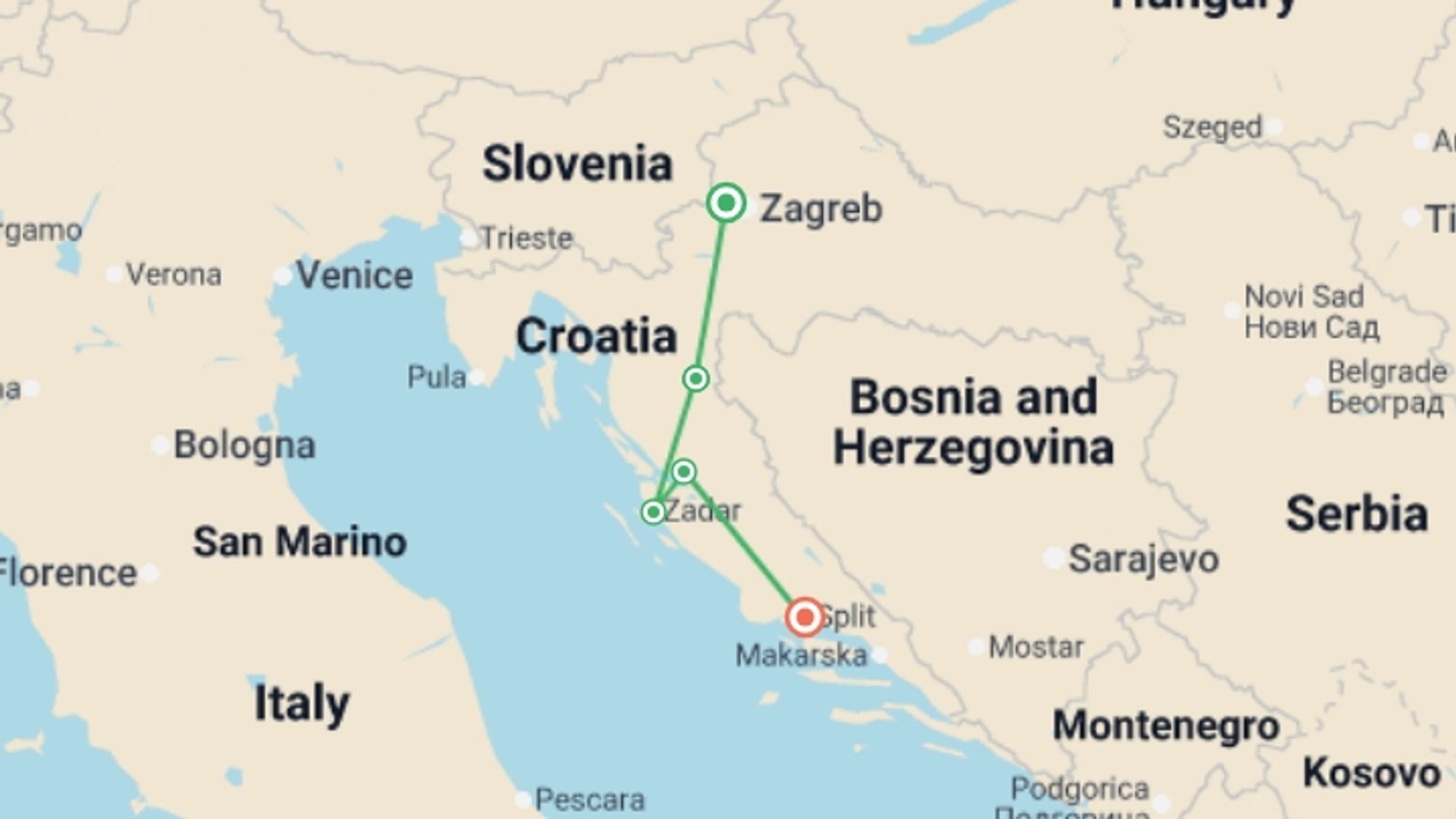 A map showing the tour itinerary for the trip: Walks and Coastal Towns of Croatia, starting in Zagreb, Croatia and ending in Split, Croatia going through 4 other destinations.