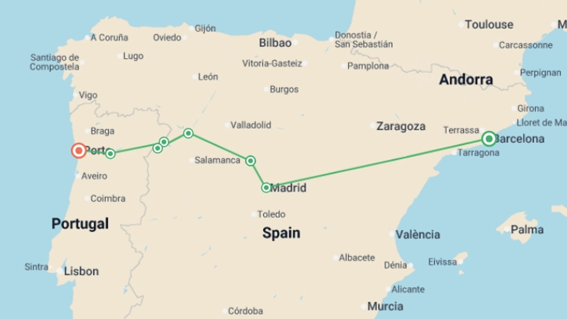 A map showing the tour itinerary for the trip: Walks and Wine Tasting in Spain and Portugal, starting in Madrid, Spain and ending in Porto, Portugal going through 4 other destinations.