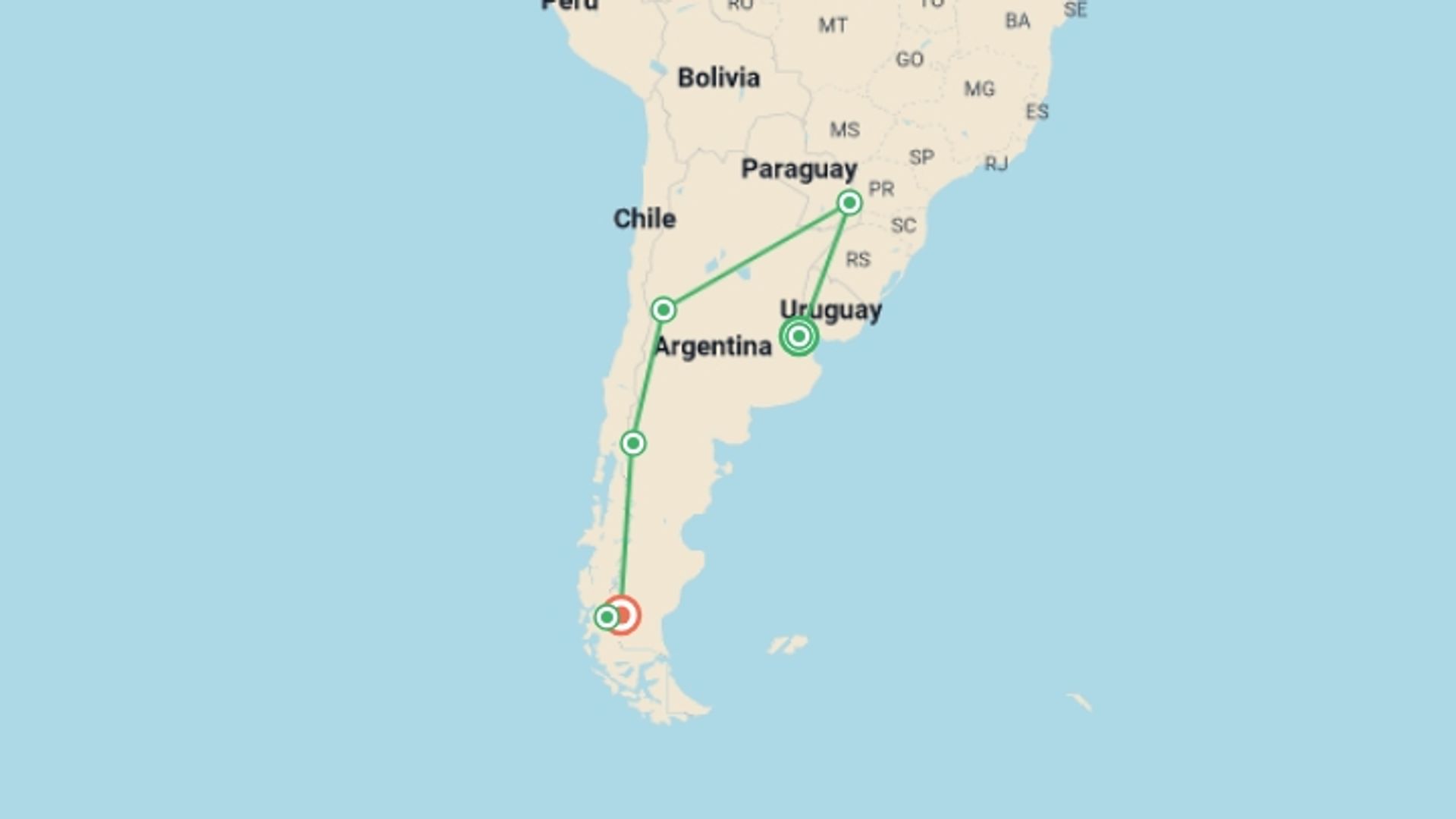 A map showing the tour itinerary for the trip: Waterfalls Wine & Wilderness - 14 days, starting in Buenos Aires, Argentina and ending in El Calafate, Argentina going through 6 other destinations.
