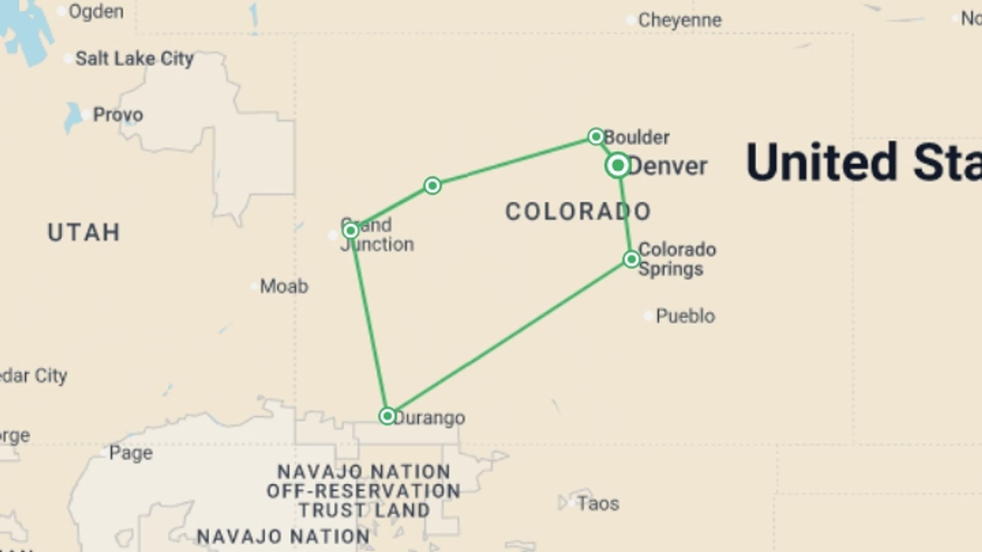 A map showing the tour itinerary for the trip: Welcome to Colorado, starting in Denver, USA and ending in Denver, USA going through 2 other destinations.