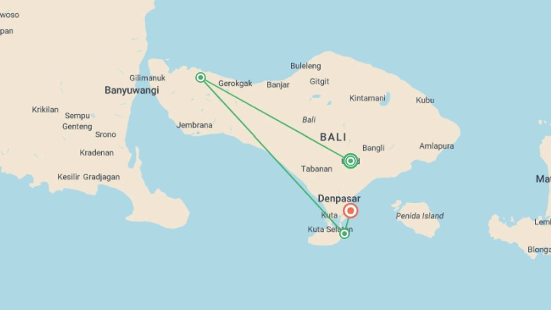 A map showing the tour itinerary for the trip: Wellness Bali, starting in Ubud, Indonesia and ending in Sanur, Indonesia going through 2 other destinations.