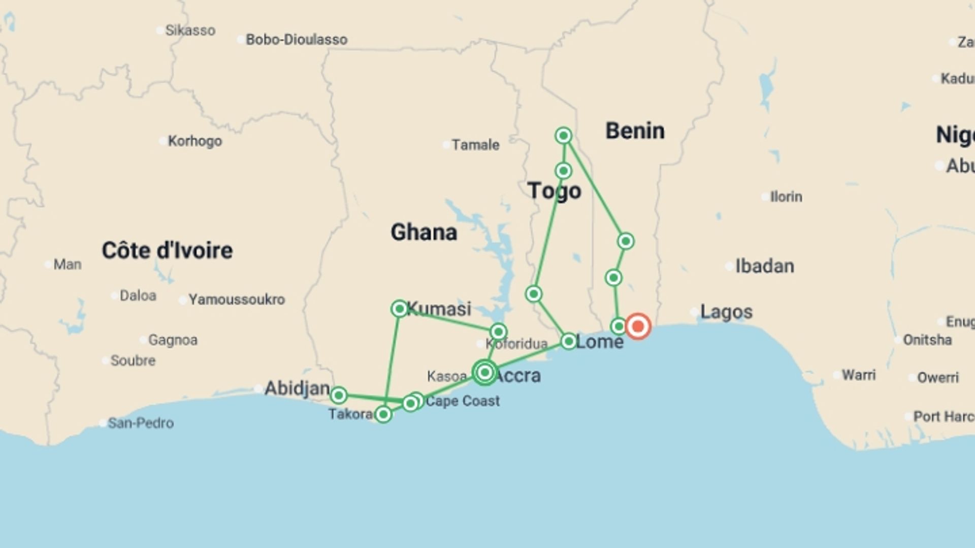 A map showing the tour itinerary for the trip: West African Adventure: Highlights of Ghana, Togo & Benin, starting in Accra, Ghana and ending in Cotonou, Benin going through 7 other destinations.