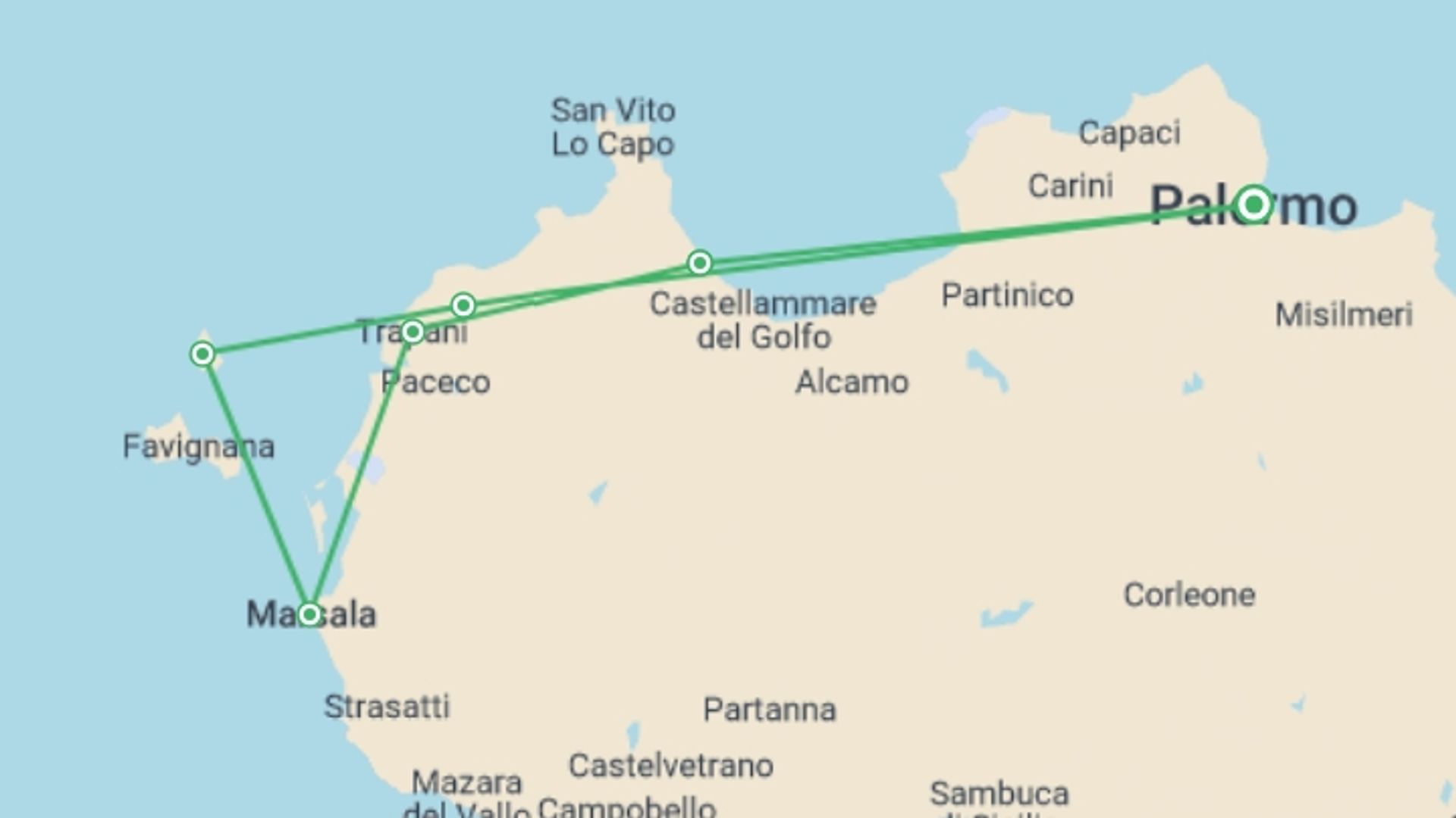 A map showing the tour itinerary for the trip: Western Sicily Guided Walk, starting in Palermo, Italy and ending in Palermo, Italy going through 1 other destinations.