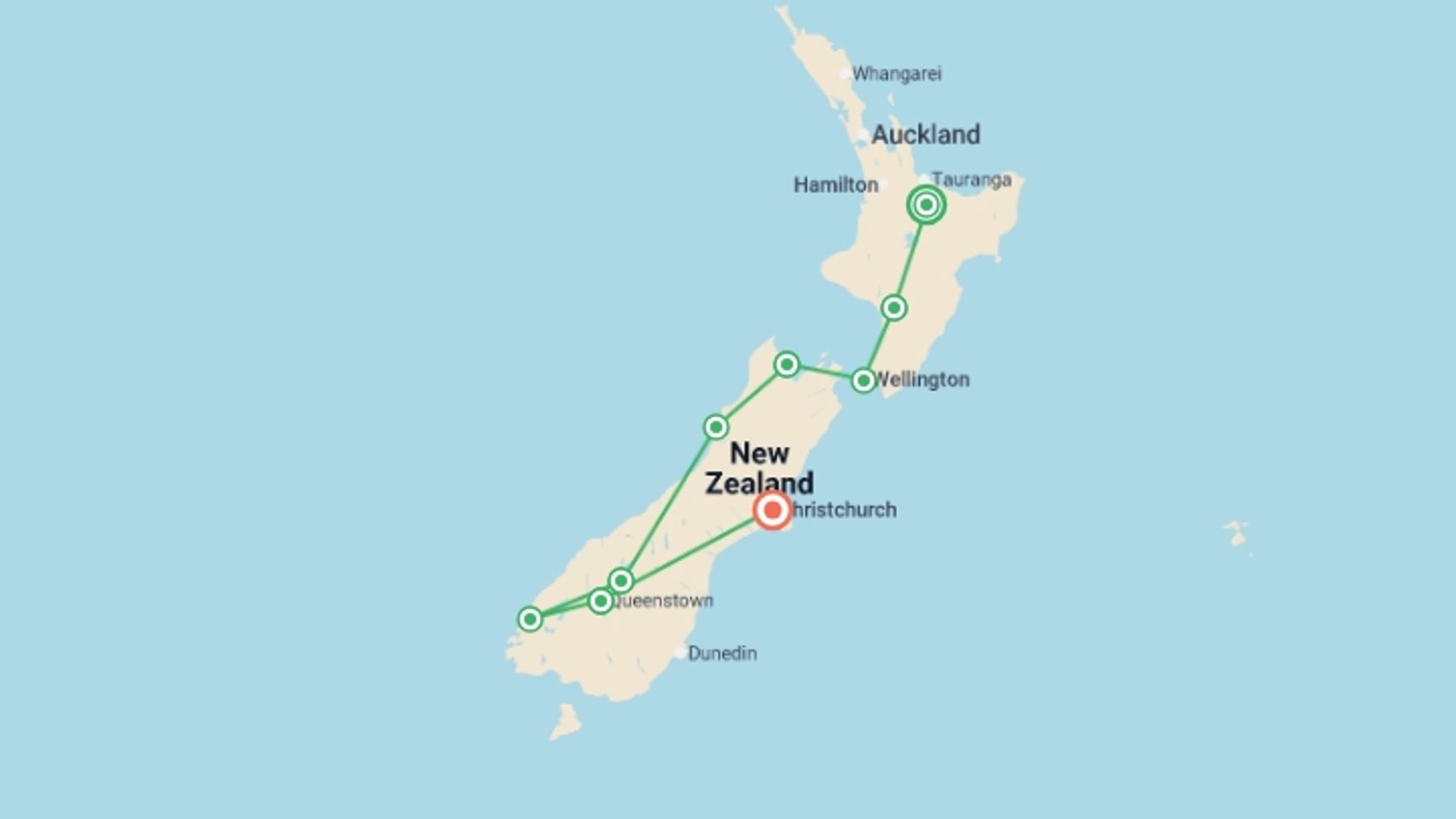 A map showing the tour itinerary for the trip: Wild New Zealand, starting in Auckland, New Zealand and ending in Queenstown, New Zealand going through 6 other destinations.