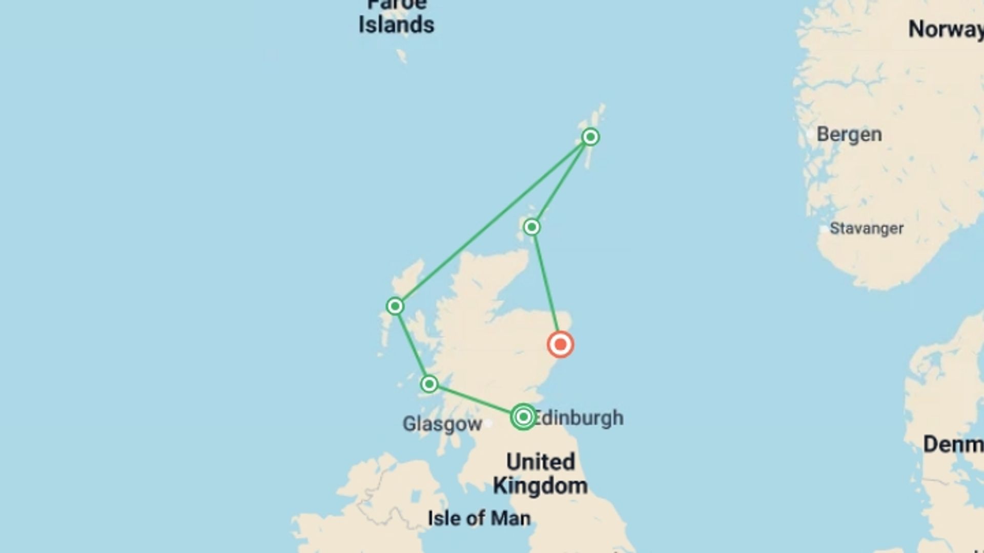A map showing the tour itinerary for the trip: Wild Scotland - M/V Sylvia Earle, starting in Edinburgh, Scotland and ending in Aberdeen, Scotland going through 4 other destinations.