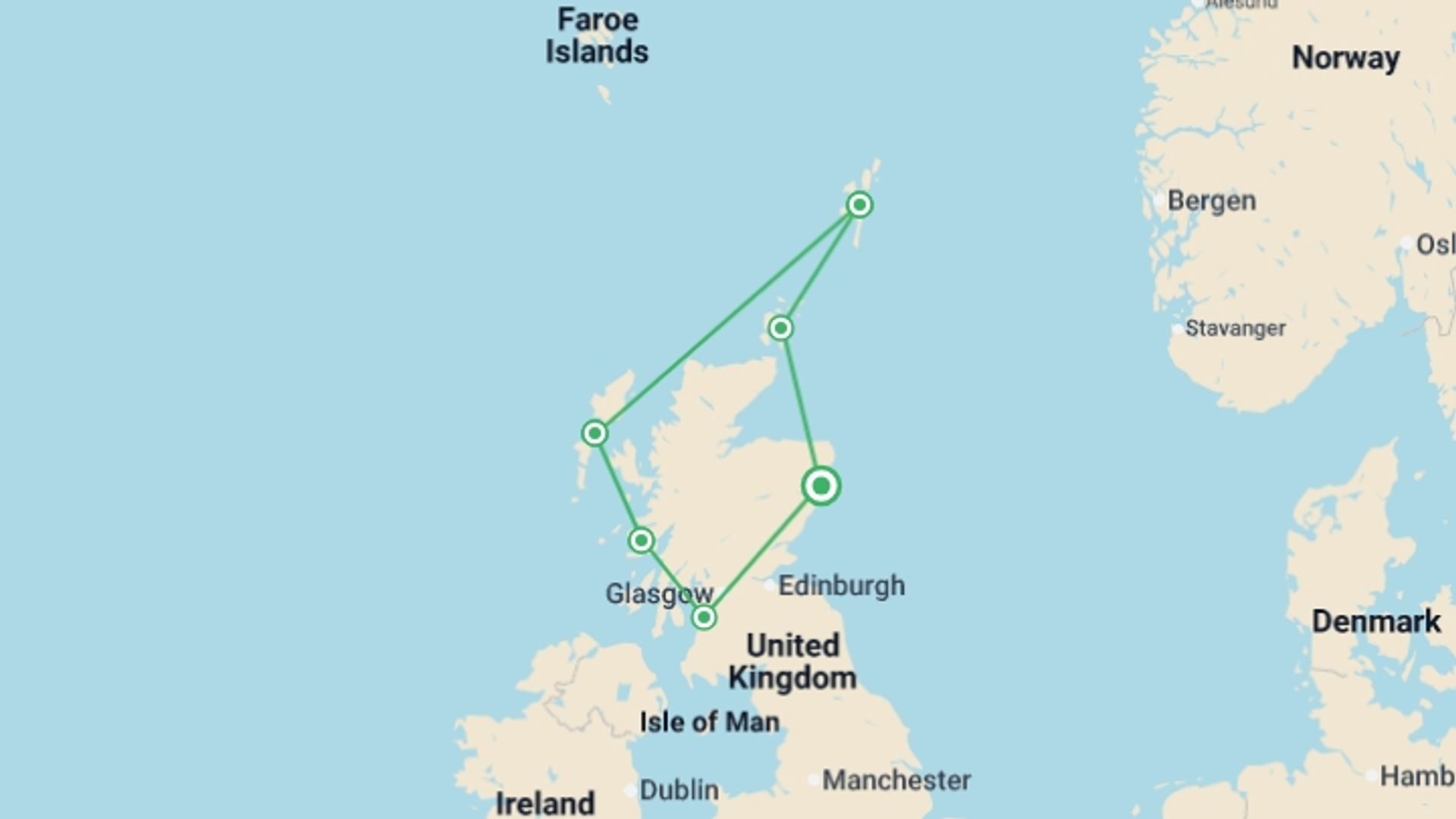 A map showing the tour itinerary for the trip: Wild Scotland - M/V Sylvia Earle, starting in Edinburgh, Scotland and ending in Aberdeen, Scotland going through 4 other destinations.