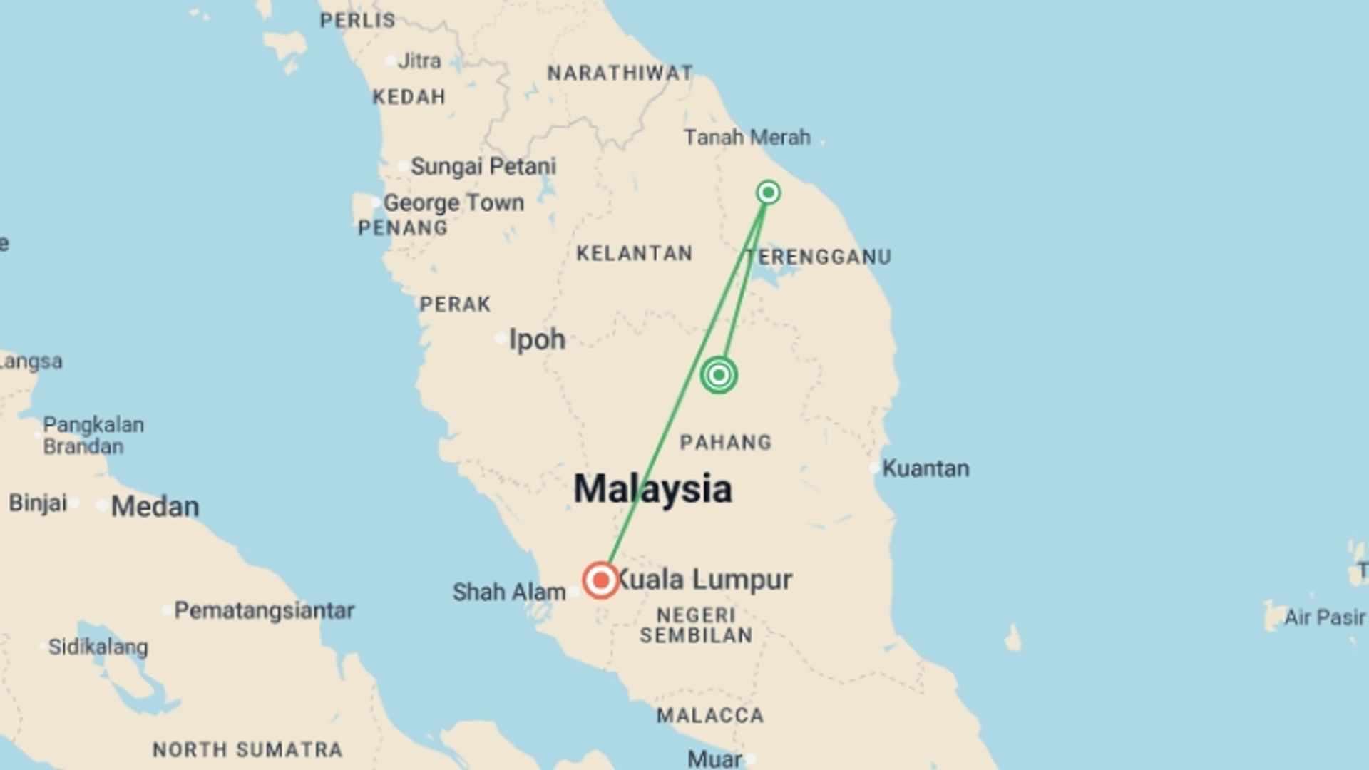 A map showing the tour itinerary for the trip: Wild Taman Negara Discovery - 4 days, starting in Kuala Lumpur, Malaysia and ending in Kuala Lumpur, Malaysia going through 1 other destinations.
