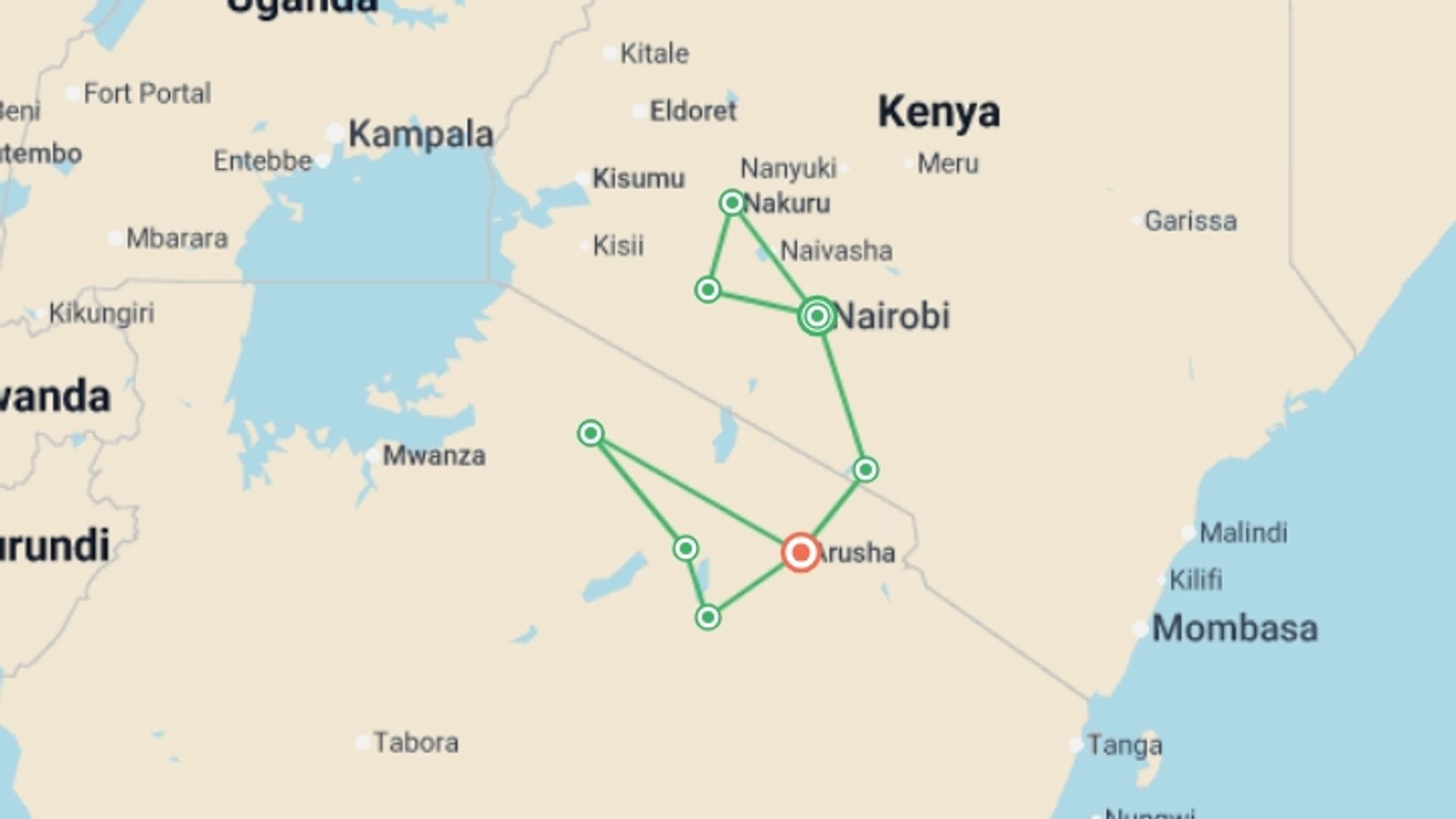 A map showing the tour itinerary for the trip: Wildlife of Kenya & Tanzania: Nakuru to Serengeti, starting in Nairobi, Kenya and ending in Arusha, Tanzania going through 5 other destinations.