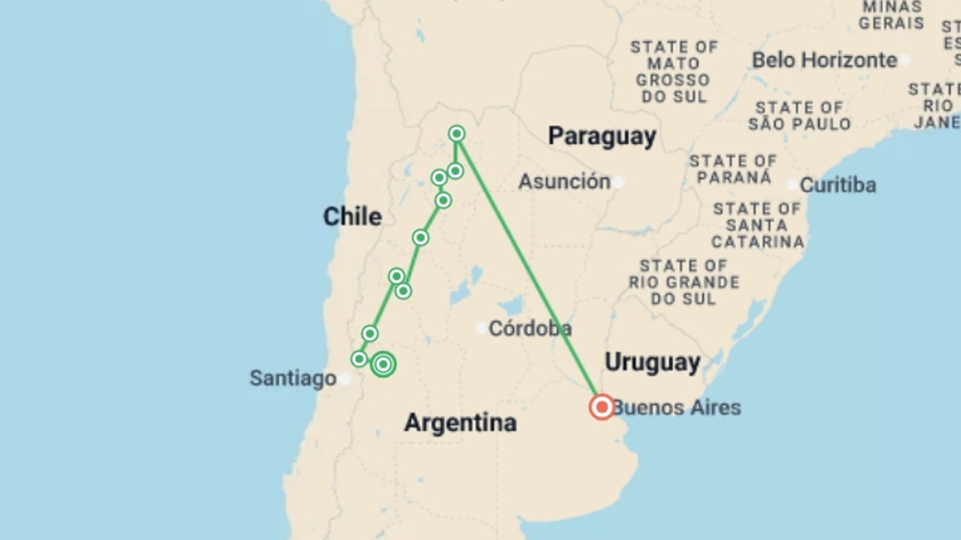 A map showing the tour itinerary for the trip: Wine and Landscapes of Argentina's Northwest, starting in Mendoza, Argentina and ending in Buenos Aires, Argentina going through 4 other destinations.