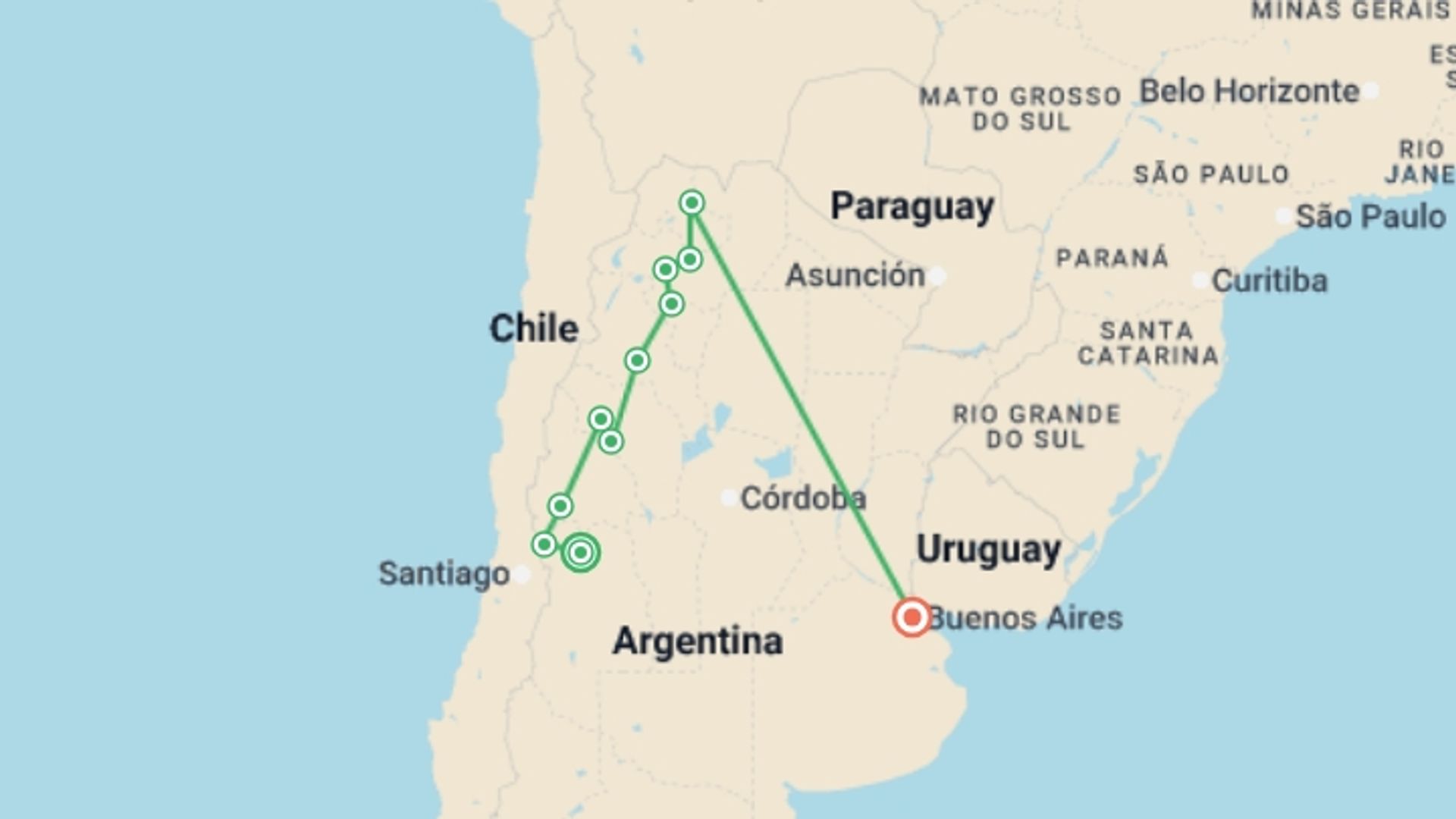 A map showing the tour itinerary for the trip: Wine and Landscapes of Argentina's Northwest, starting in Mendoza, Argentina and ending in Buenos Aires, Argentina going through 4 other destinations.