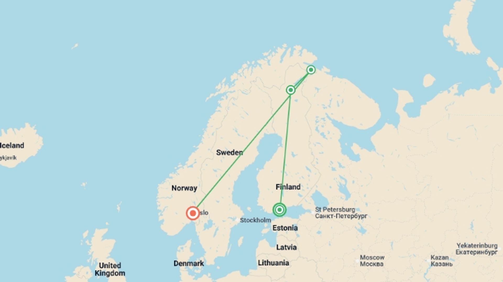 A map showing the tour itinerary for the trip: Winter Nordic Discovery, starting in Helsinki, Finland and ending in Oslo, Norway going through 3 other destinations.