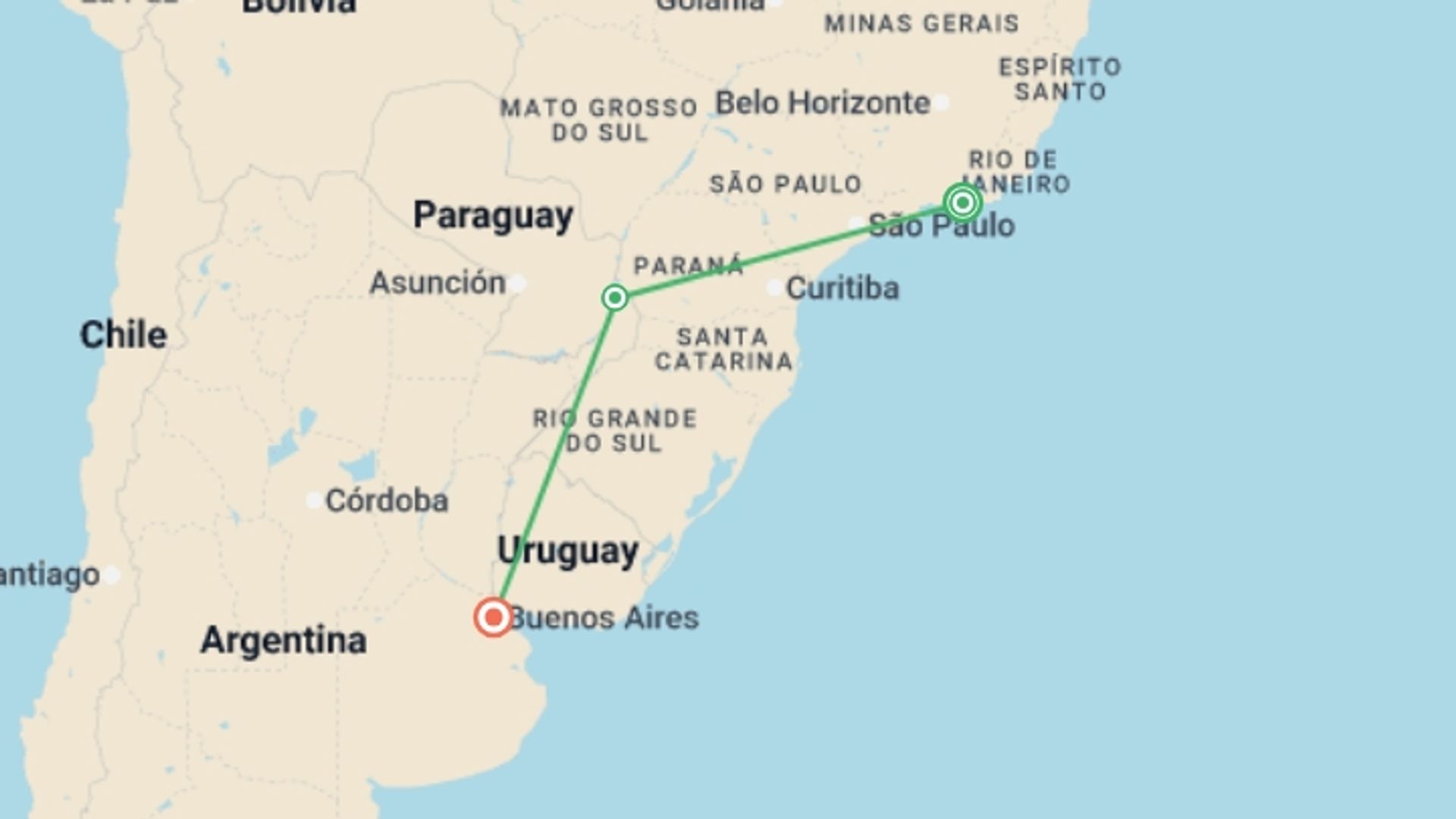 A map showing the tour itinerary for the trip: Wonders of Argentina and Brazil: Samba, Tango and Falls 9D/8N, starting in Rio de Janeiro, Brazil and ending in Buenos Aires, Argentina going through 2 other destinations.
