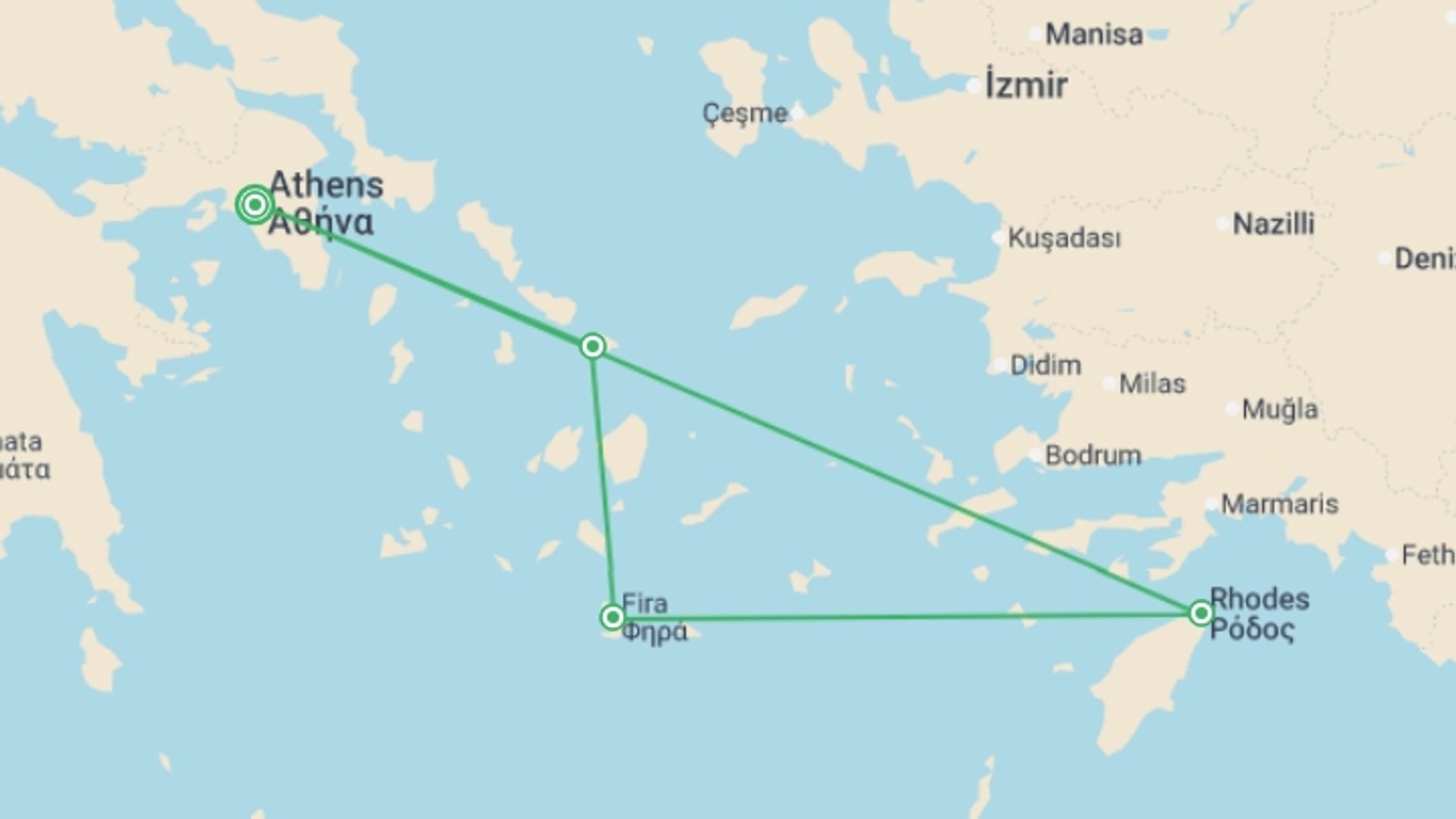 A map showing the tour itinerary for the trip: Wonders of Athens Mykonos Santorini and Rhodes, starting in Athens, Greece and ending in Rhodes, Greece going through 4 other destinations.