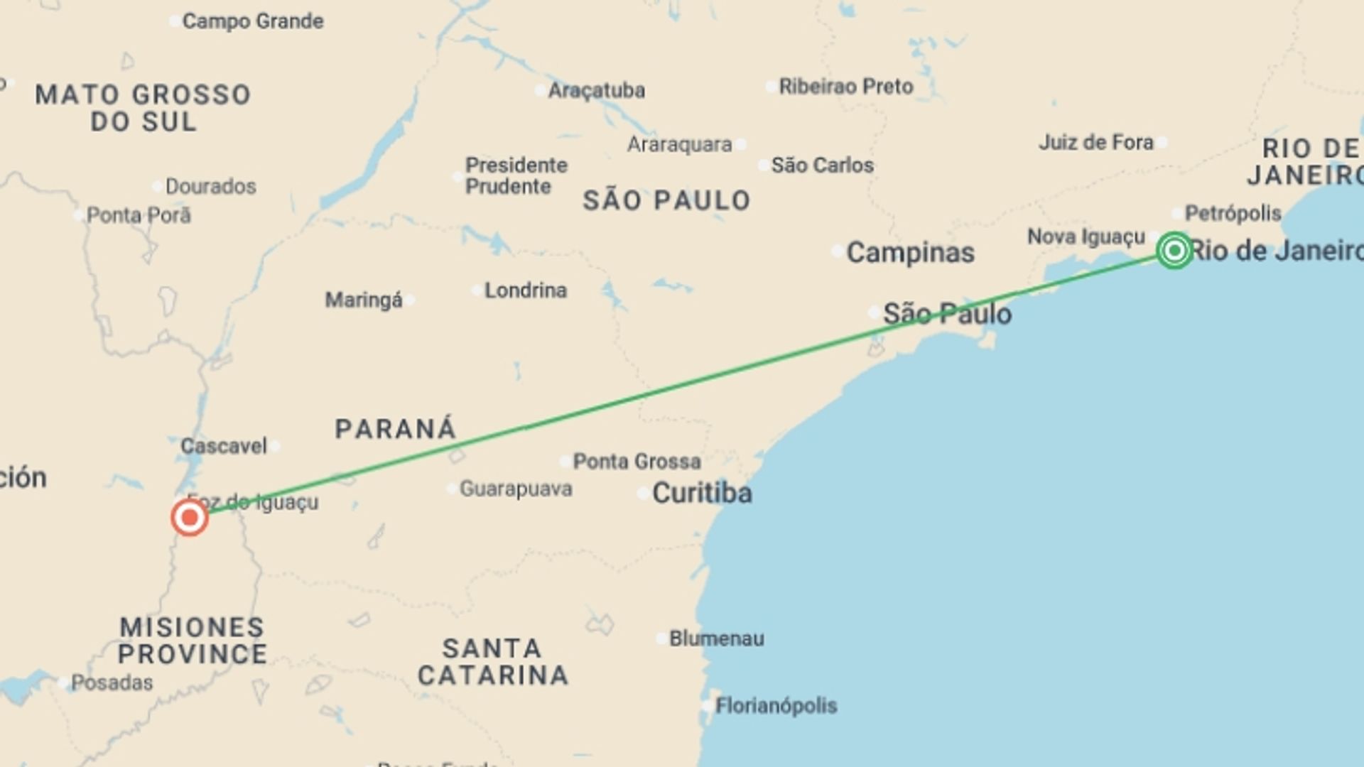 A map showing the tour itinerary for the trip: Wonders of Brazil: Rhythms and Falls 6D/5N, starting in Rio de Janeiro, Brazil and ending in Iguazu Falls, Argentina going through 2 other destinations.