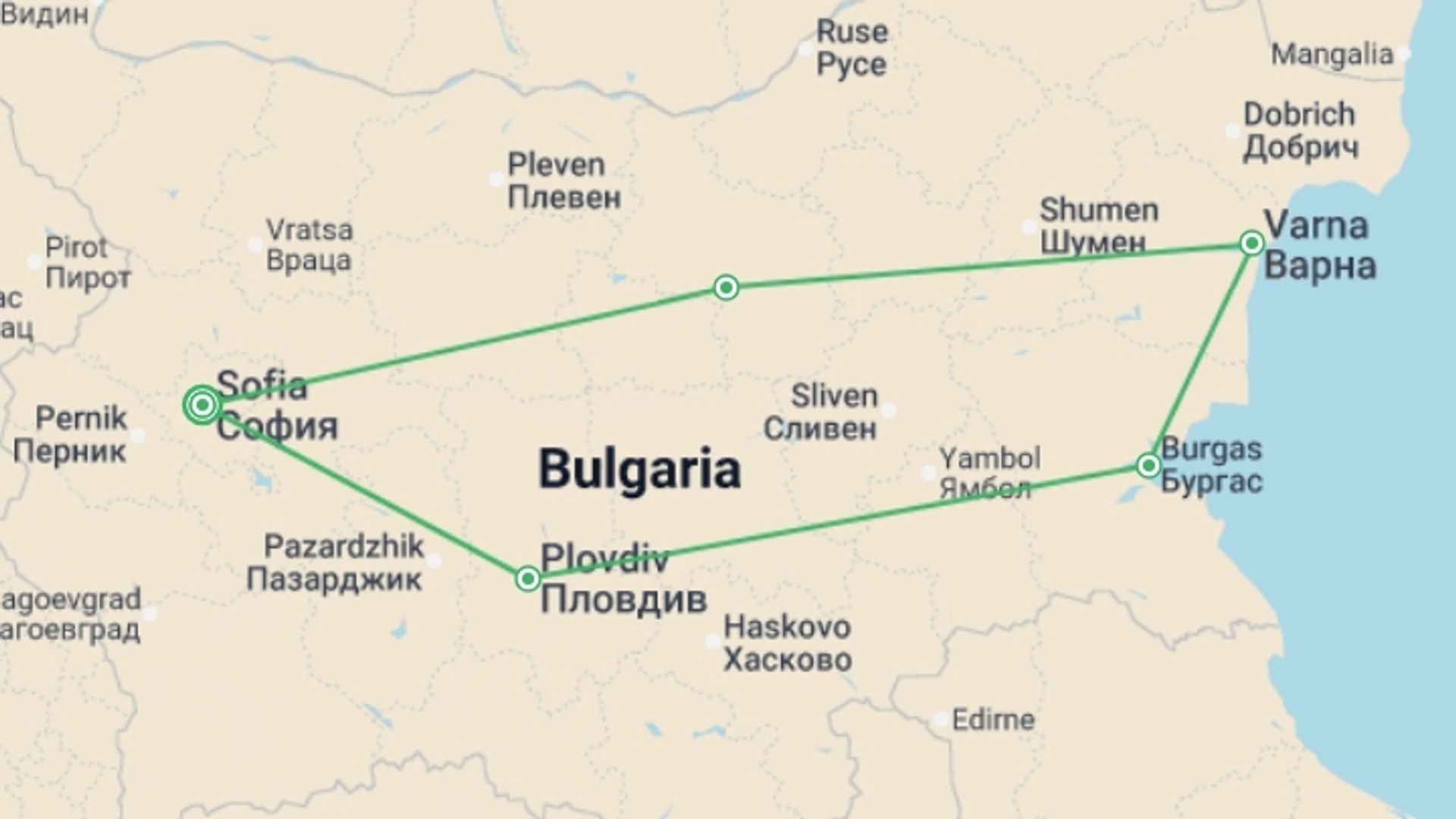 A map showing the tour itinerary for the trip: Wonders of Bulgaria, starting in Sofia, Bulgaria and ending in Sofia, Bulgaria going through 3 other destinations.