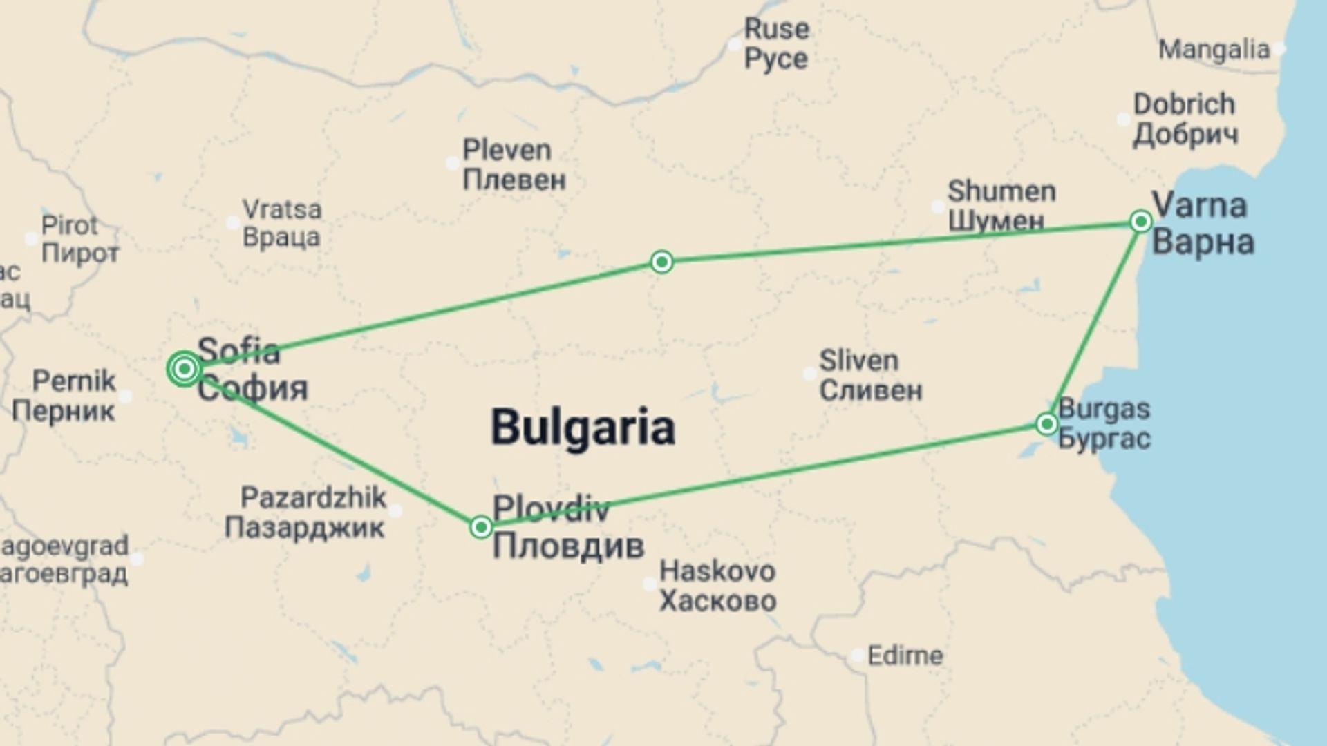 A map showing the tour itinerary for the trip: Wonders of Bulgaria, starting in Sofia, Bulgaria and ending in Sofia, Bulgaria going through 3 other destinations.