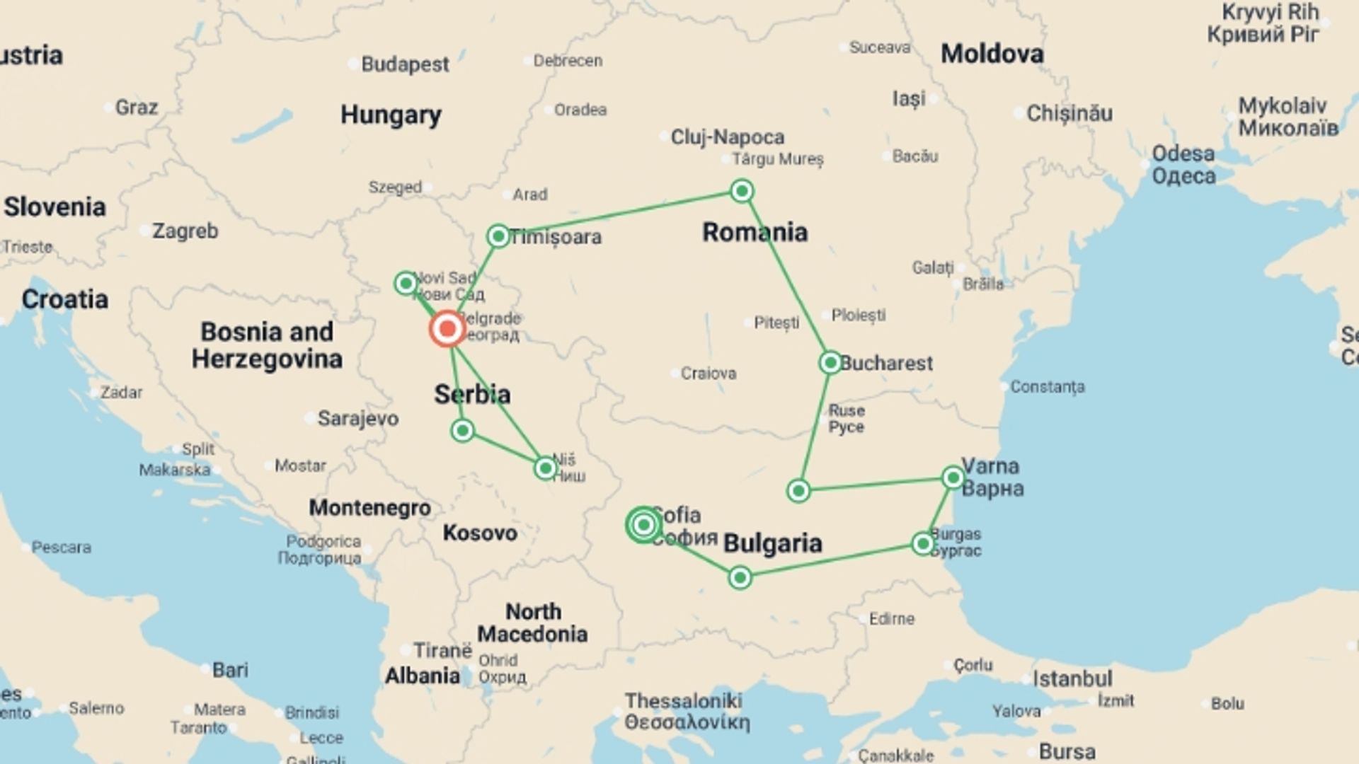 A map showing the tour itinerary for the trip: Wonders of Bulgaria, Romania, and Serbia, starting in Sofia, Bulgaria and ending in Belgrade, Serbia going through 8 other destinations.