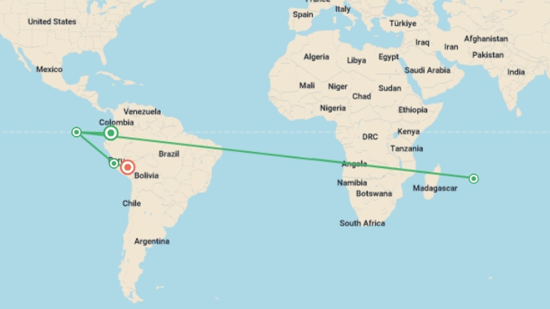 A map showing the tour itinerary for the trip: Wonders of Ecuador and Peru: Epic Adventure 11D/10N, starting in Quito, Ecuador and ending in Lima, Peru going through 6 other destinations.