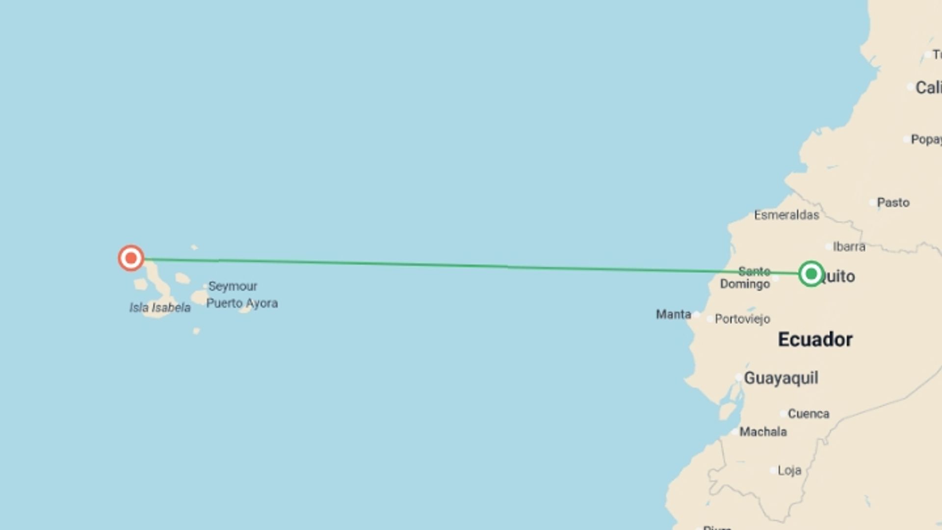 A map showing the tour itinerary for the trip: Wonders of Ecuador: Galapagos Discovery 5D/4N, starting in Quito, Ecuador and ending in Galapagos Islands, Ecuador going through 2 other destinations.