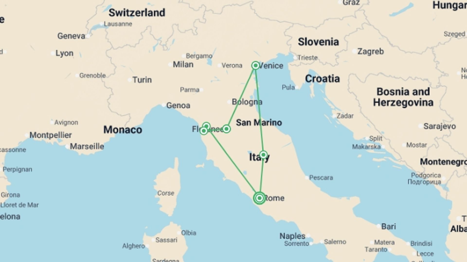 A map showing the tour itinerary for the trip: Wonders of Italy, starting in Rome, Italy and ending in Rome, Italy going through 6 other destinations.