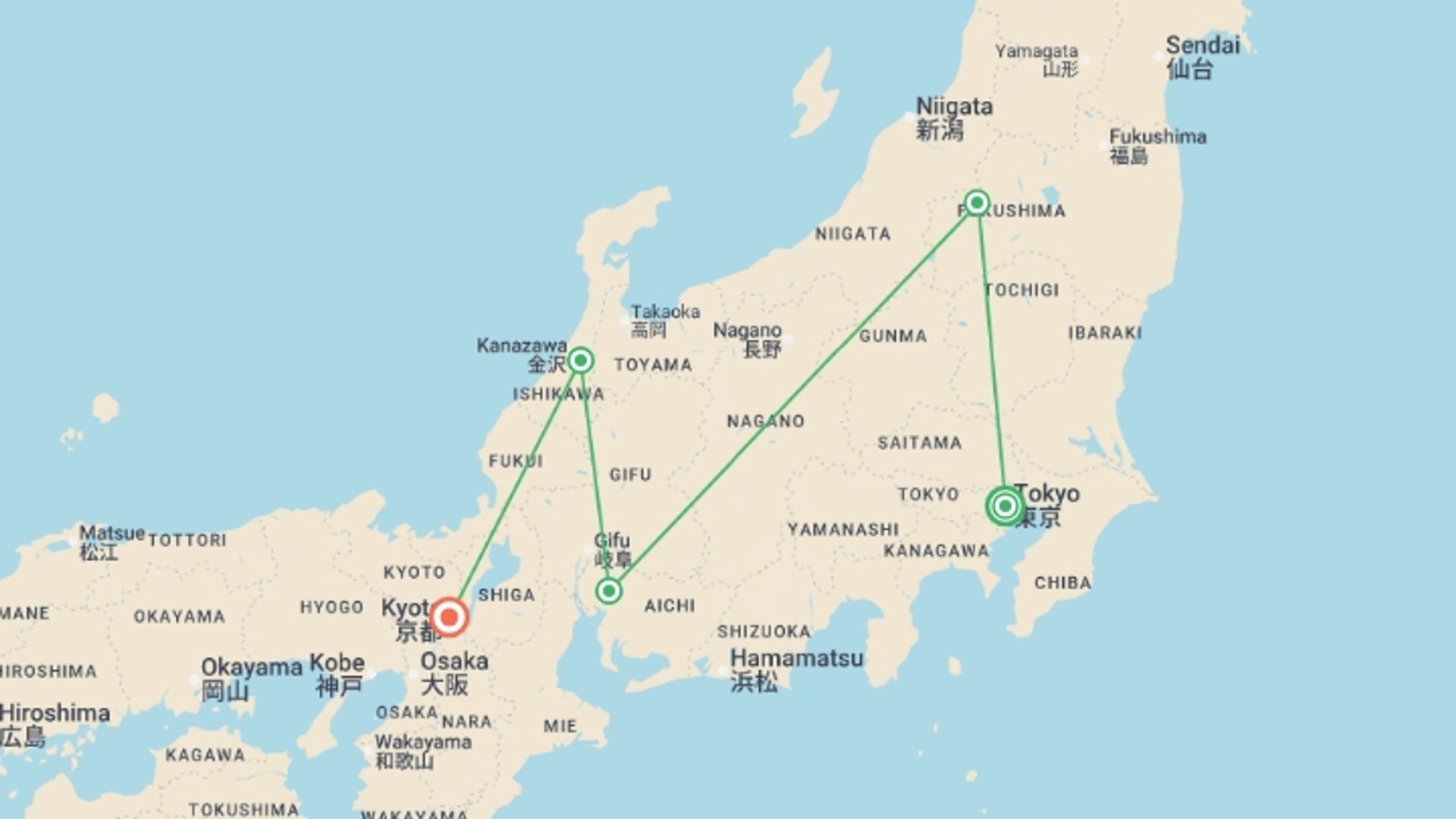 A map showing the tour itinerary for the trip: Wonders of Japan - Small Group, starting in Tokyo, Japan and ending in Osaka, Japan going through 4 other destinations.