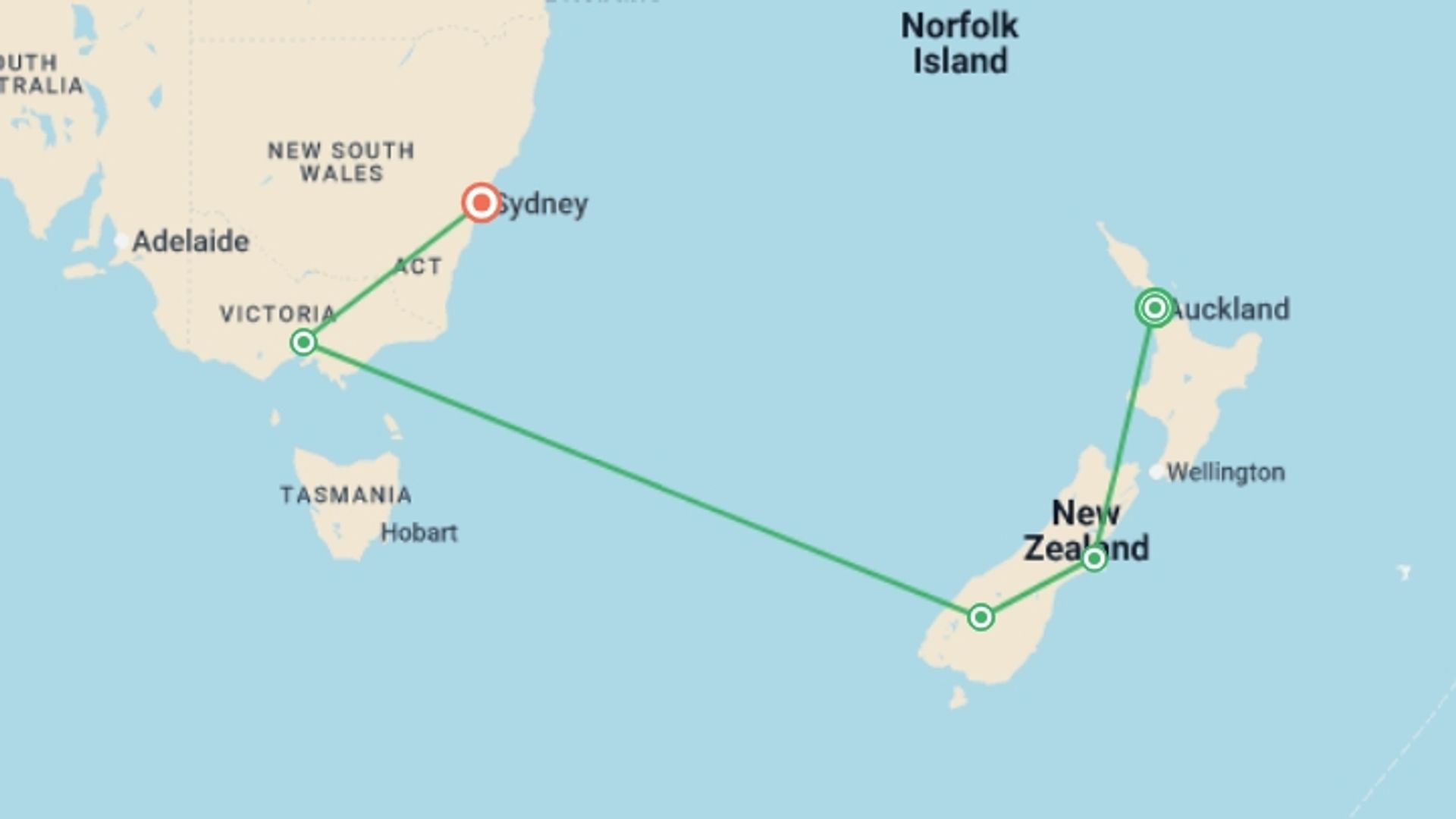 A map showing the tour itinerary for the trip: Wonders of New Zealand and Australia, starting in Auckland, New Zealand and ending in Sydney and NSW, Australia going through 6 other destinations.