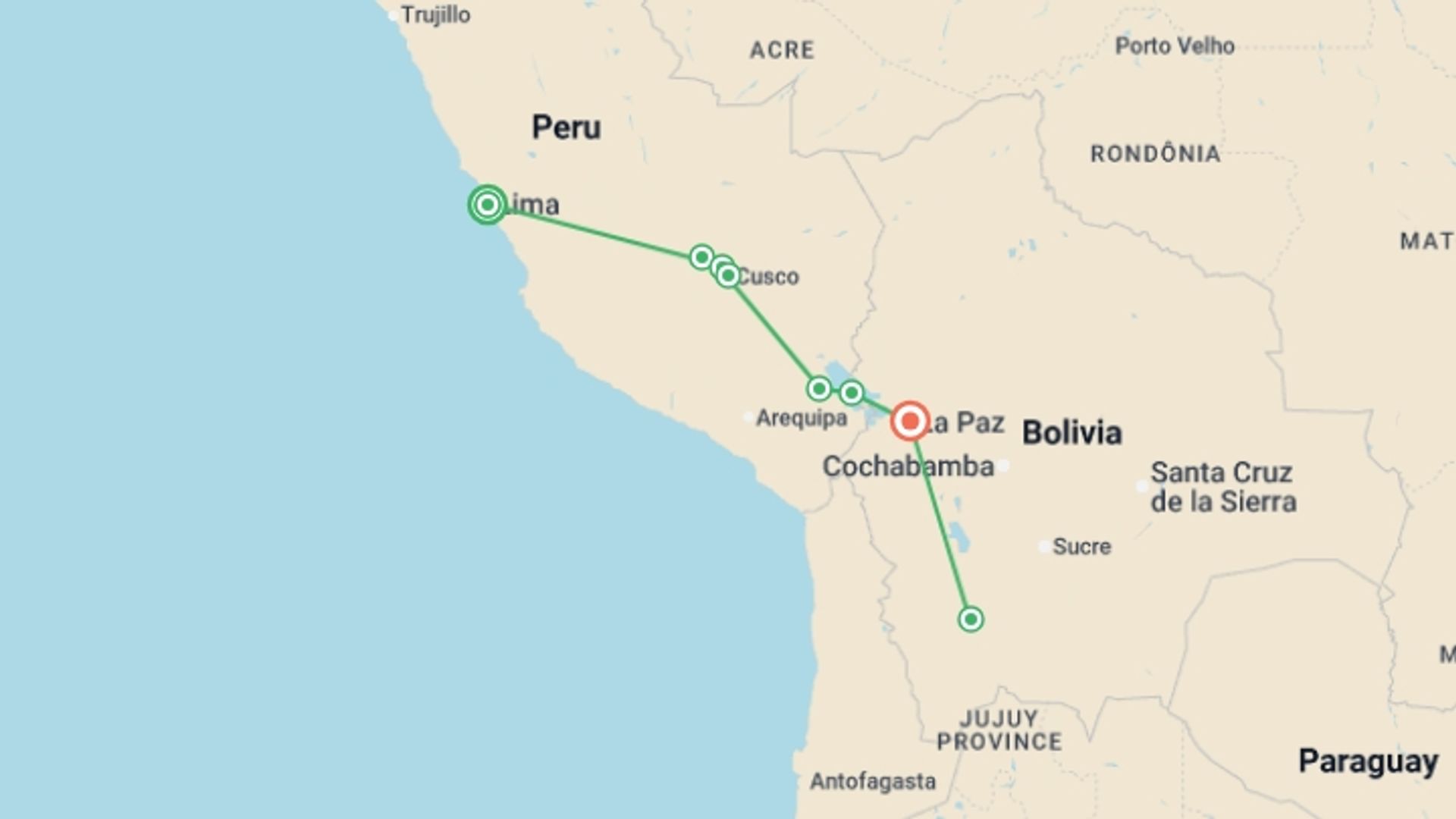 A map showing the tour itinerary for the trip: Wonders of Peru and Bolivia: Andean Wonders and Plateau 13D/12N, starting in Lima, Peru and ending in La Paz, Bolivia going through 8 other destinations.