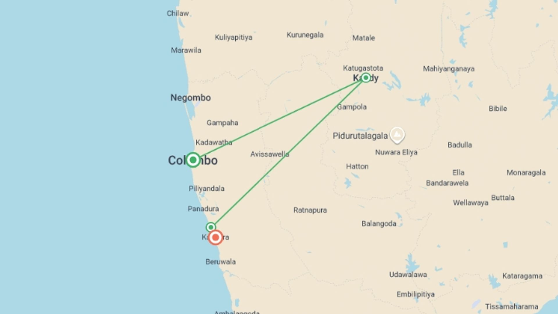 A map showing the tour itinerary for the trip: Wonders of Sri Lanka, starting in Colombo, Sri Lanka and ending in Kandy, Sri Lanka going through 2 other destinations.