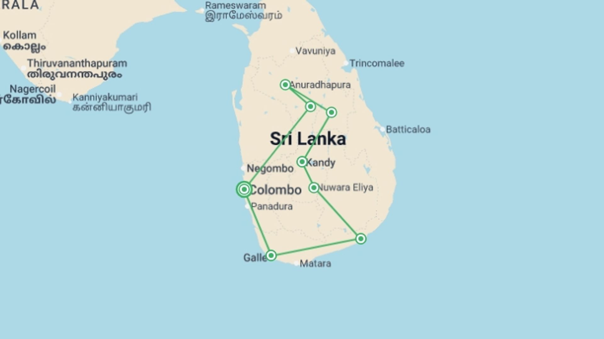 A map showing the tour itinerary for the trip: Wonders of Sri Lanka, starting in Colombo, Sri Lanka and ending in Colombo, Sri Lanka going through 6 other destinations.
