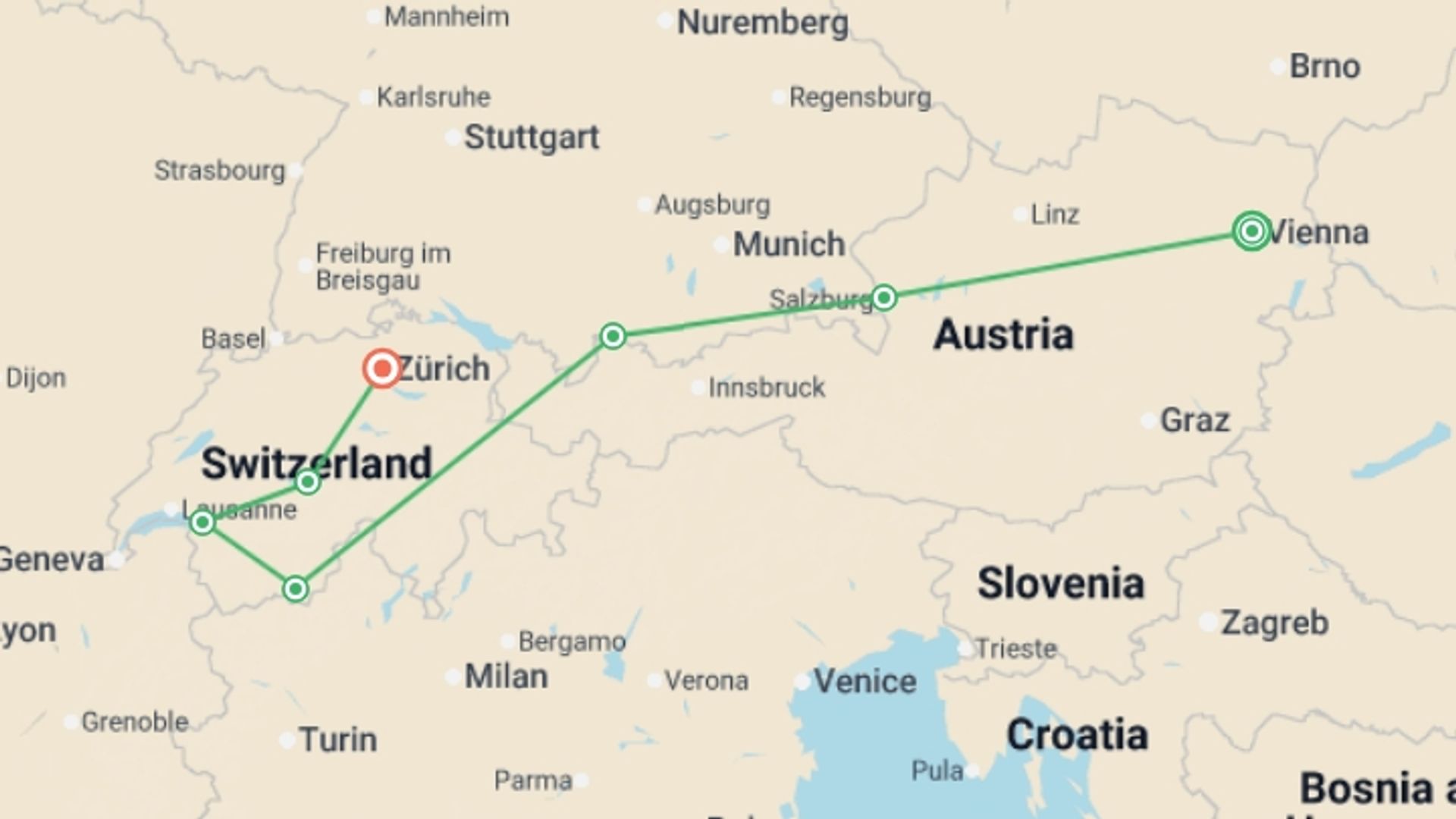 A map showing the tour itinerary for the trip: Wonders of Switzerland & Austria, starting in Zurich, Switzerland and ending in Vienna, Austria going through 5 other destinations.