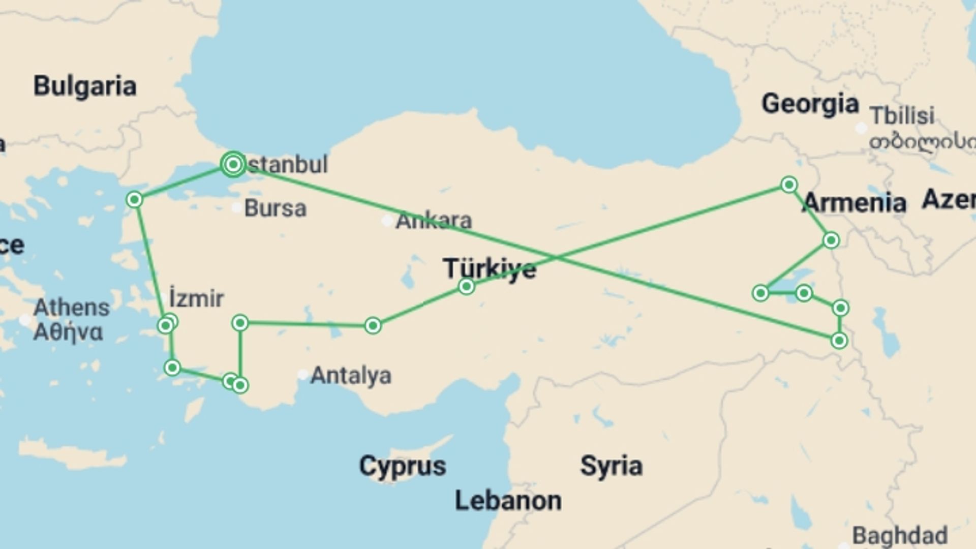 A map showing the tour itinerary for the trip: Wonders of Türkiye From West to East, starting in Istanbul, Turkey and ending in Istanbul, Turkey going through 7 other destinations.