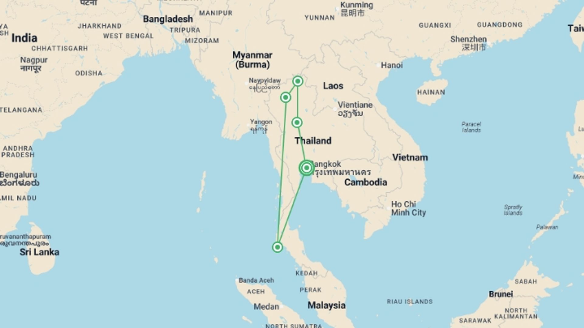 A map showing the tour itinerary for the trip: Wonders of Thailand Discovering Ancient Wonders and Natural Beauty from Bangkok to Phuket, starting in Bangkok, Thailand and ending in Bangkok, Thailand going through 4 other destinations.