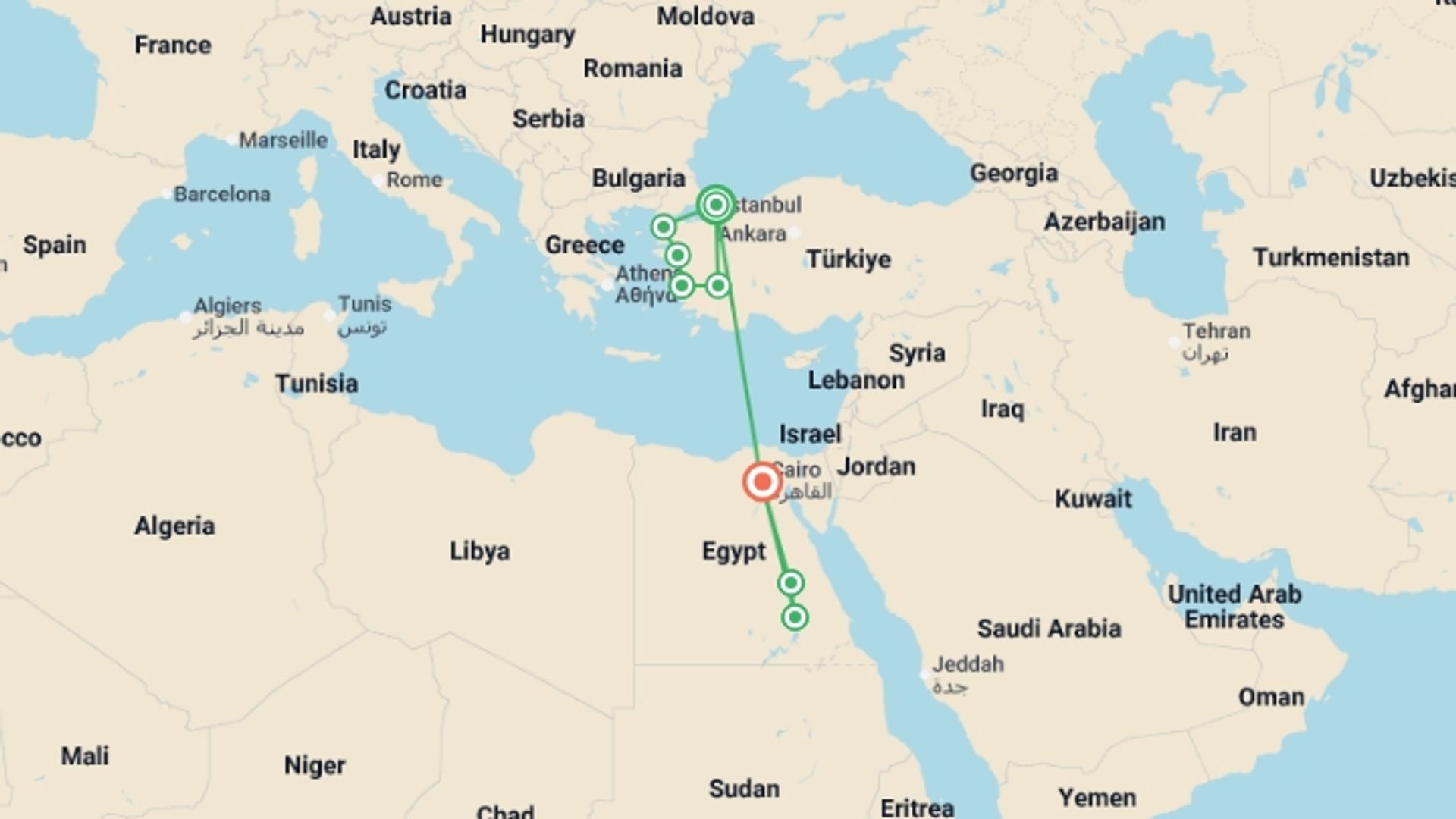 A map showing the tour itinerary for the trip: Wonders of the Ancient World: Turkey & Egypt, starting in Istanbul, Turkey and ending in Cairo, Egypt going through 7 other destinations.