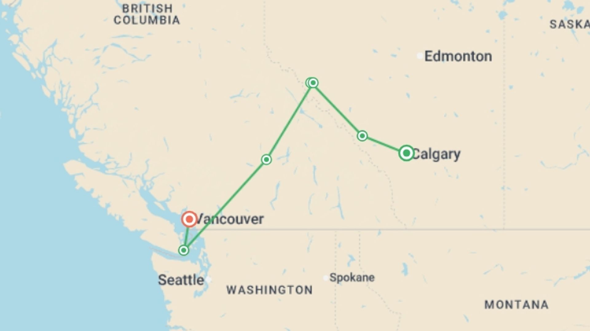 A map showing the tour itinerary for the trip: Wonders of the Canadian Rockies, starting in Calgary, Canada and ending in Vancouver, Canada going through 5 other destinations.