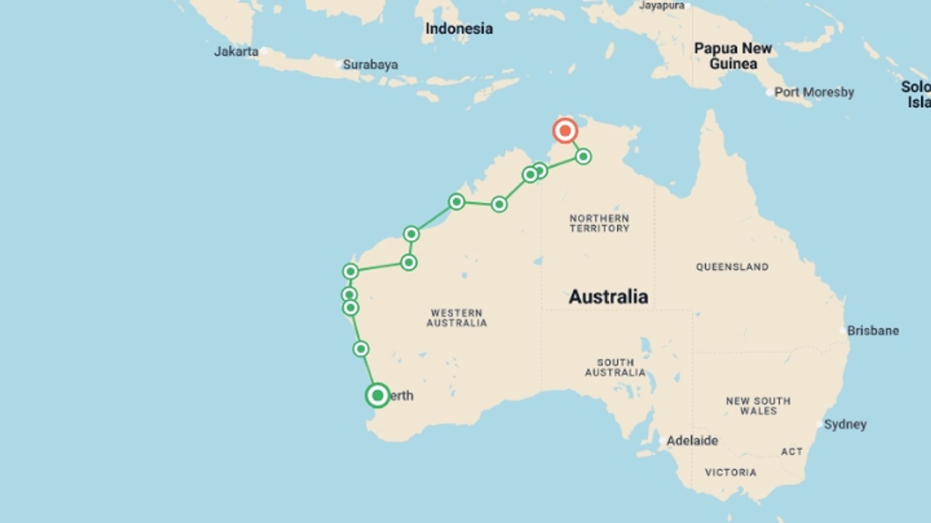 A map showing the tour itinerary for the trip: Wonders of the West Coast and Kimberley, starting in Perth, Australia and ending in Darwin, Australia going through 5 other destinations.