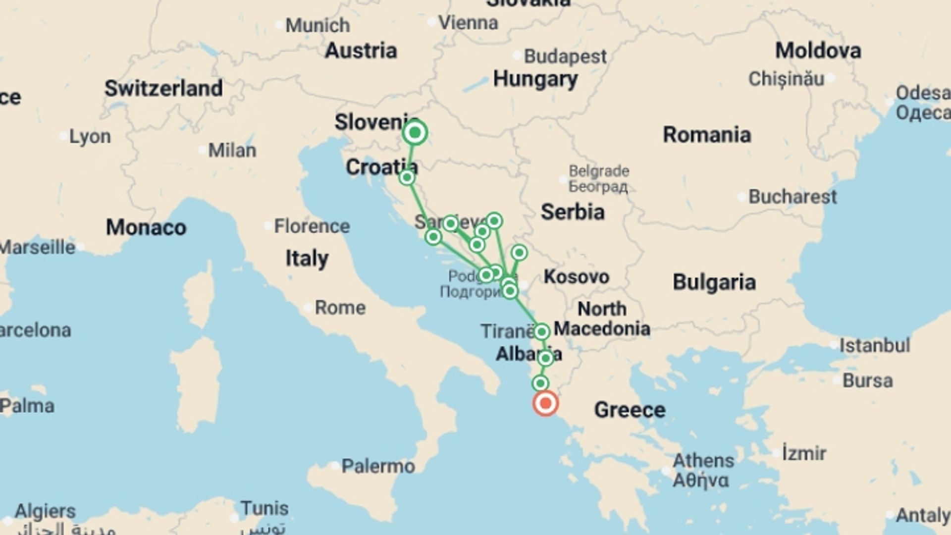 A map showing the tour itinerary for the trip: Zagreb to Corfu: Epic Hikes & Medieval Fortresses, starting in Zagreb, Croatia and ending in Corfu, Greece going through 12 other destinations.