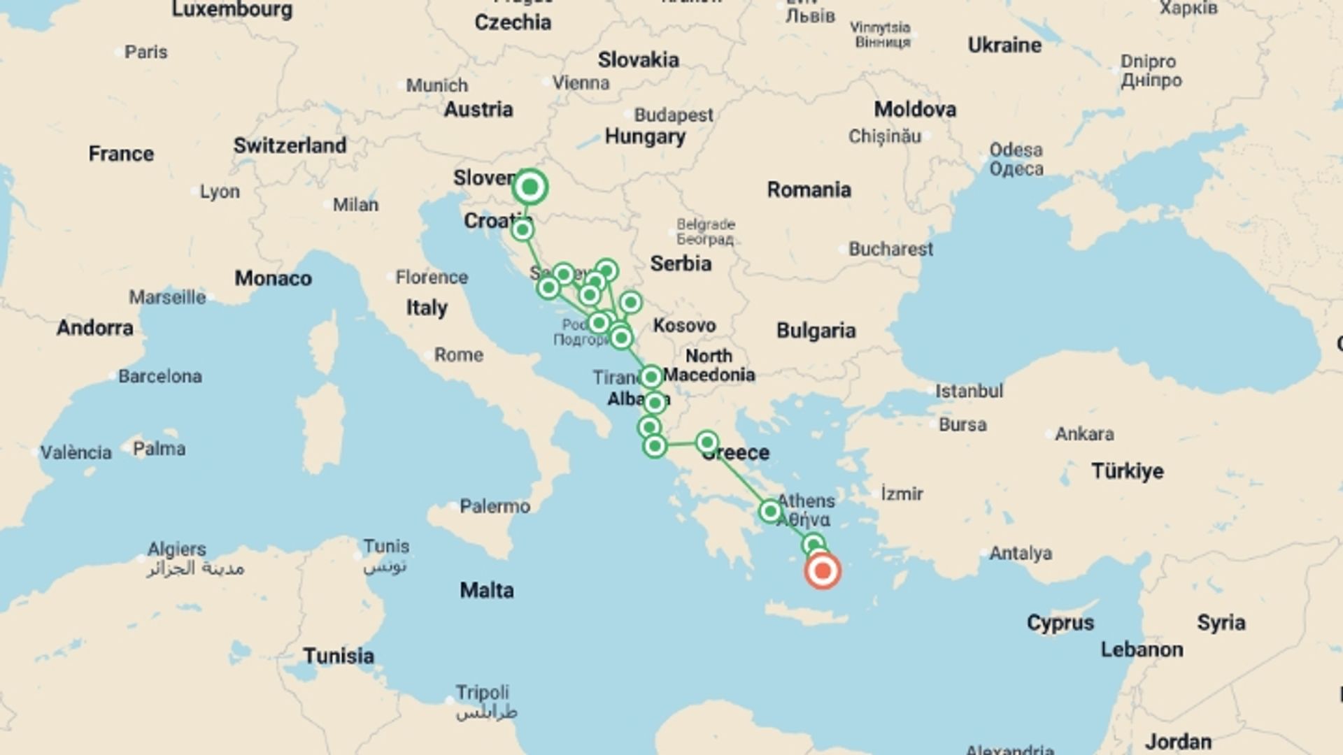 A map showing the tour itinerary for the trip: Zagreb to Santorini: 35 Unforgettable Days, starting in Zagreb, Croatia and ending in Santorini, Greece going through 17 other destinations.