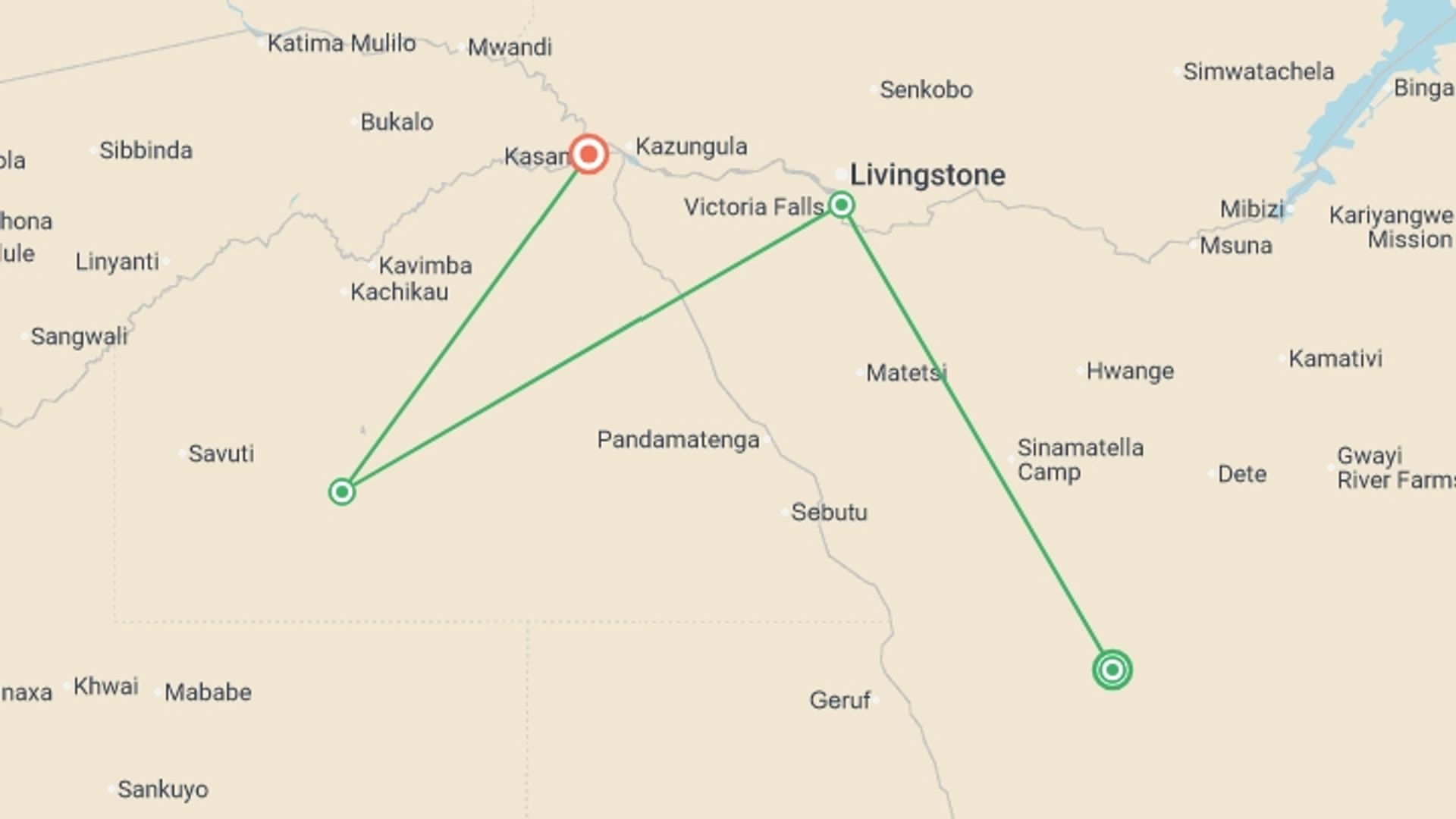 A map showing the tour itinerary for the trip: Zimbabwe and Botswana: Chobe, Hwange & the Wildlife of Victoria Falls, starting in Victoria Falls, Zimbabwe and ending in Kasane, Botswana going through 4 other destinations.