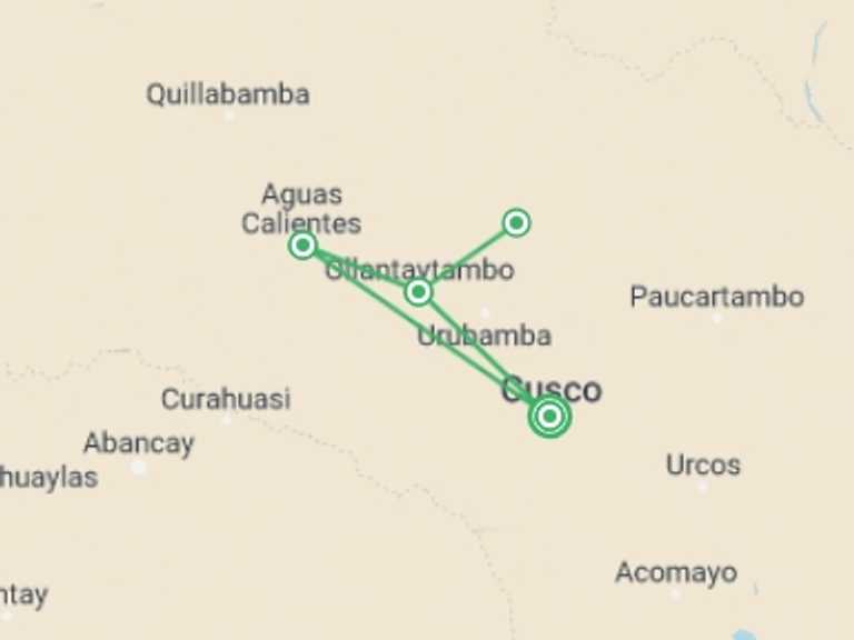 Map itinerary of South America Tour in January 2026 with 6 destination visits for the trip: 7 Days - Lares Trek to Machu Picchu | Group Tour 