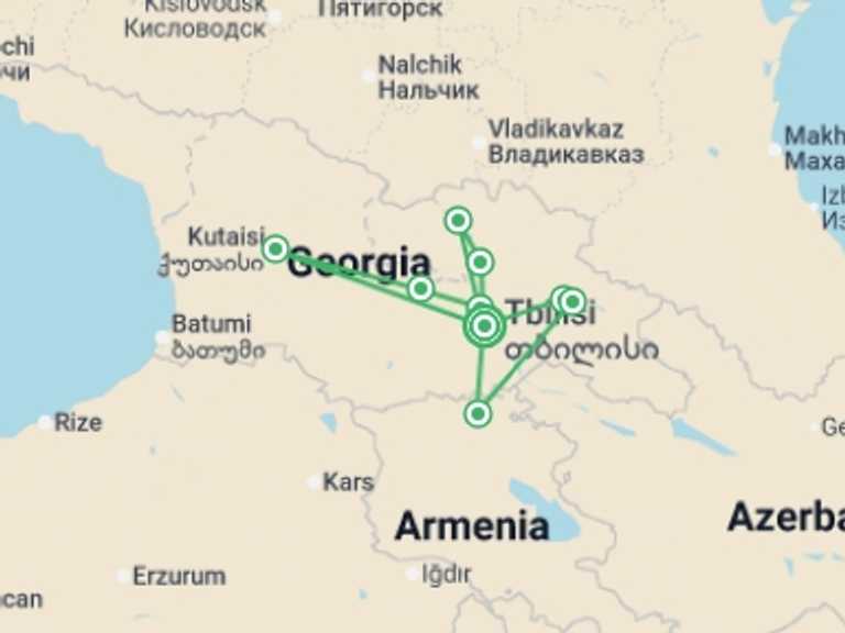 Map itinerary of Europe Tour in Fall with 3 destination visits for the trip: Georgia Explorer - 8 days