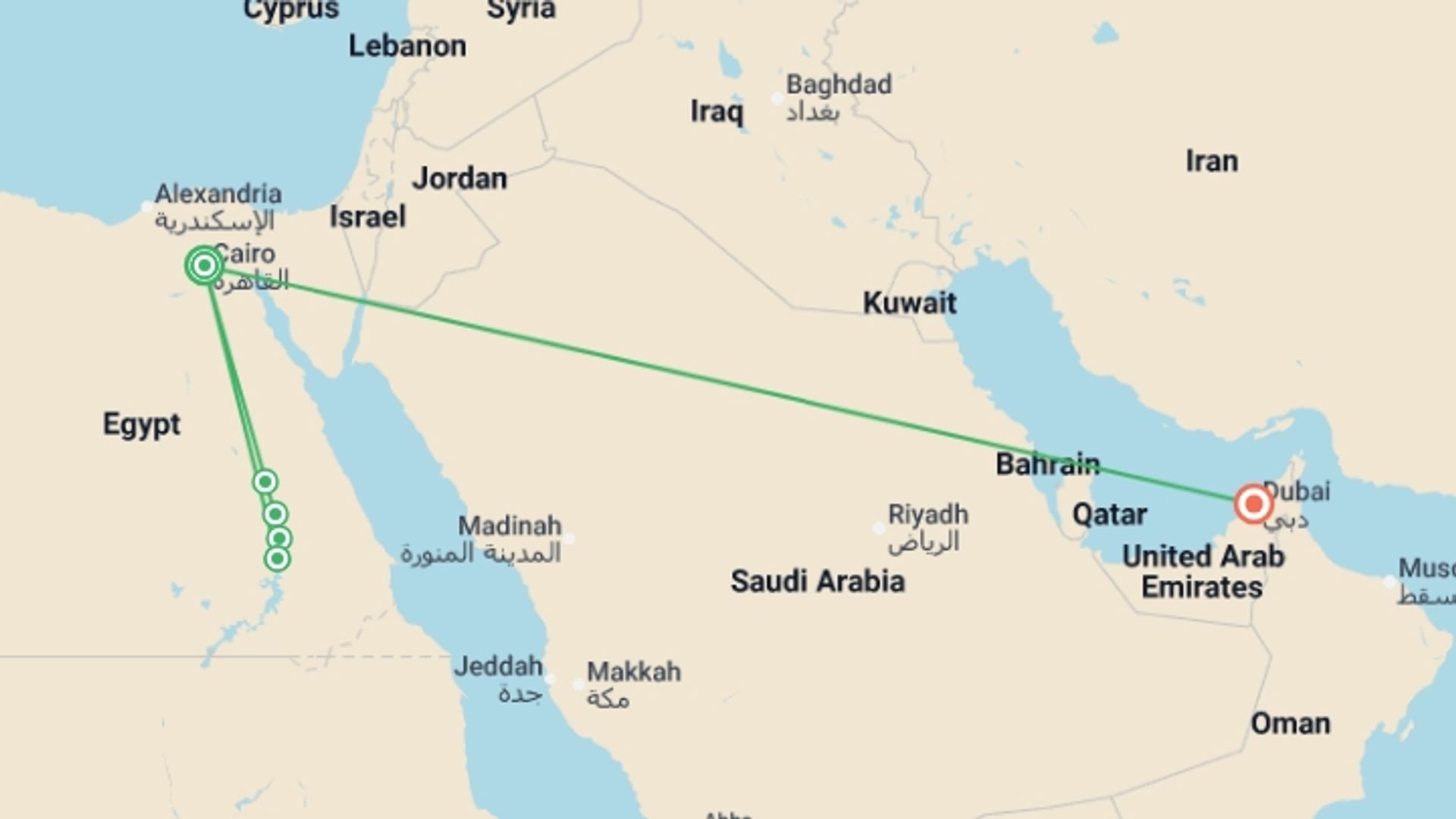 A map showing the tour itinerary for the trip: Ancient Egypt and Modern Dubai, starting in Cairo, Egypt and ending in Dubai, UAE going through 3 other destinations.