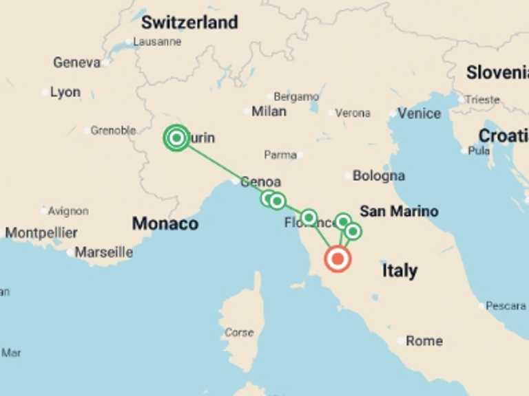 Map of Tuscany Cultural, religious and historic sites Tour with 2 destination visits for the trip: Tuscany and the Italian Riviera 