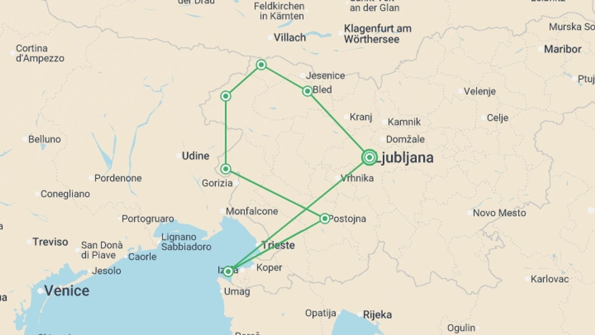 A map showing the tour itinerary for the trip: Cycle Slovenia, starting in Ljubljana, Slovenia and ending in Ljubljana, Slovenia going through 6 other destinations.